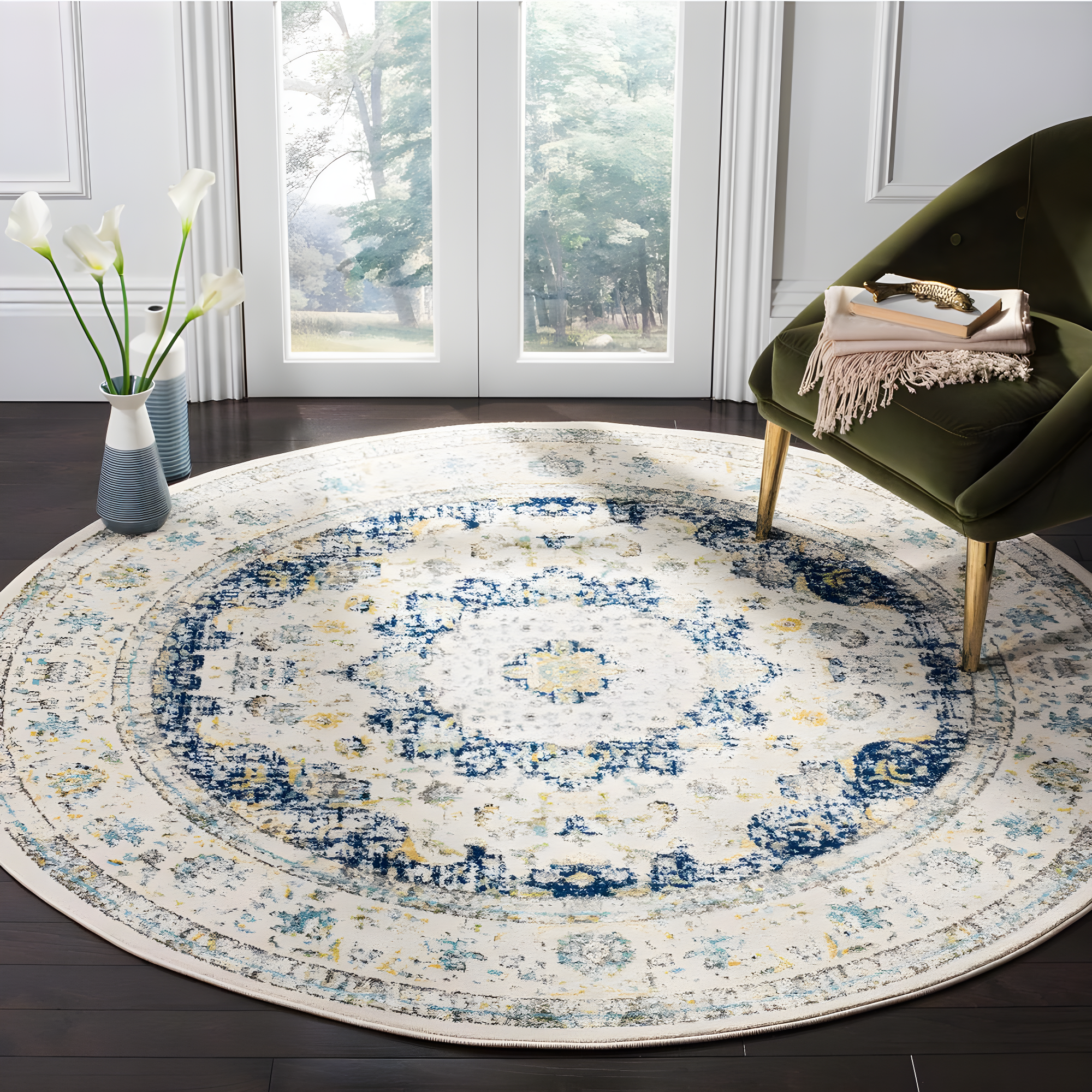Evoke EVK220 Power Loomed Area Rug - Ivory/Blue - 6'7" Round - Safavieh.