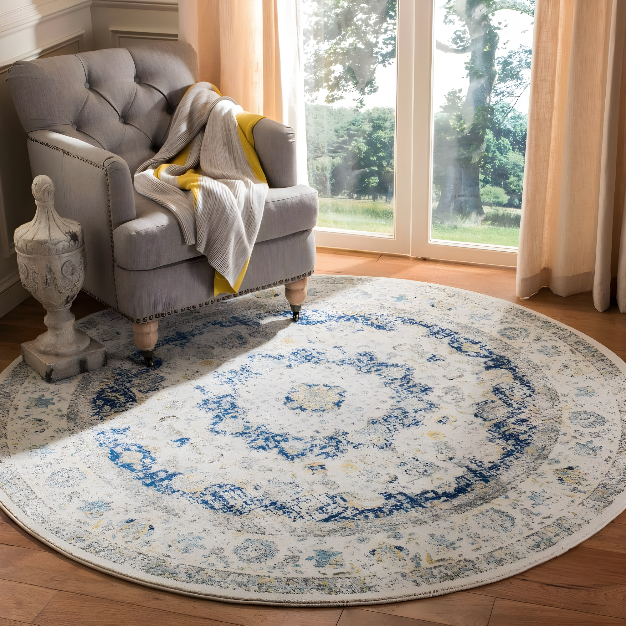 Evoke EVK220 Power Loomed Area Rug - Ivory/Blue - 6'7" Round - Safavieh.