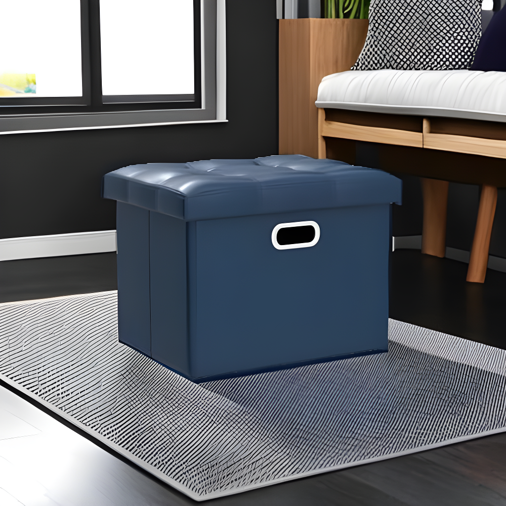 COSYLAND Storage Ottoman 17x13x13in Leather Ottoman Rectangle Footrest Footstool Folding Ottoman for Room Dorm Small Collapsible Bench Seat Organizer Entryway Furniture with Handles Lid Royal Blue