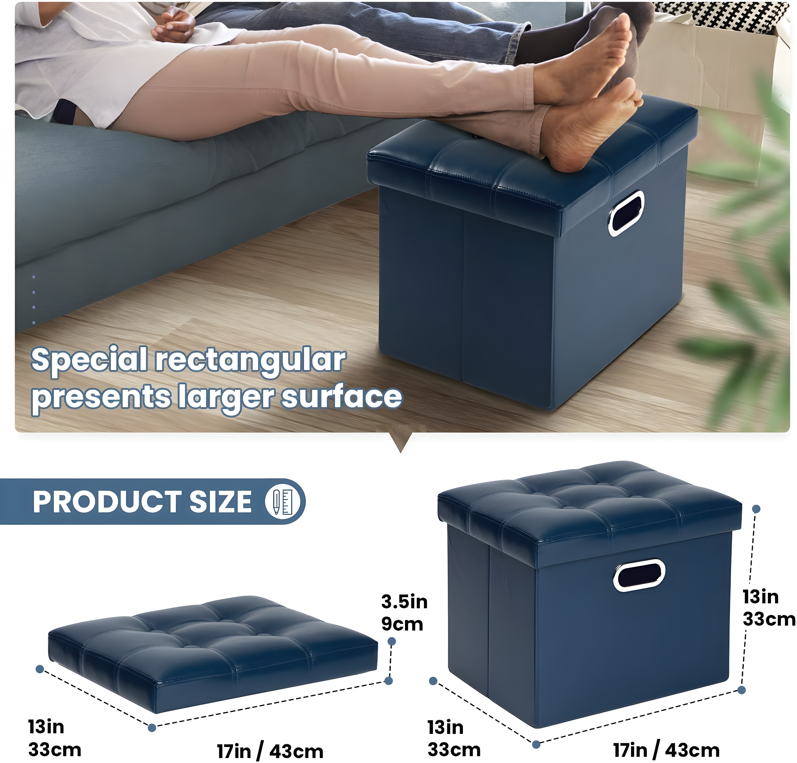COSYLAND Storage Ottoman 17x13x13in Leather Ottoman Rectangle Footrest Footstool Folding Ottoman for Room Dorm Small Collapsible Bench Seat Organizer Entryway Furniture with Handles Lid Royal Blue