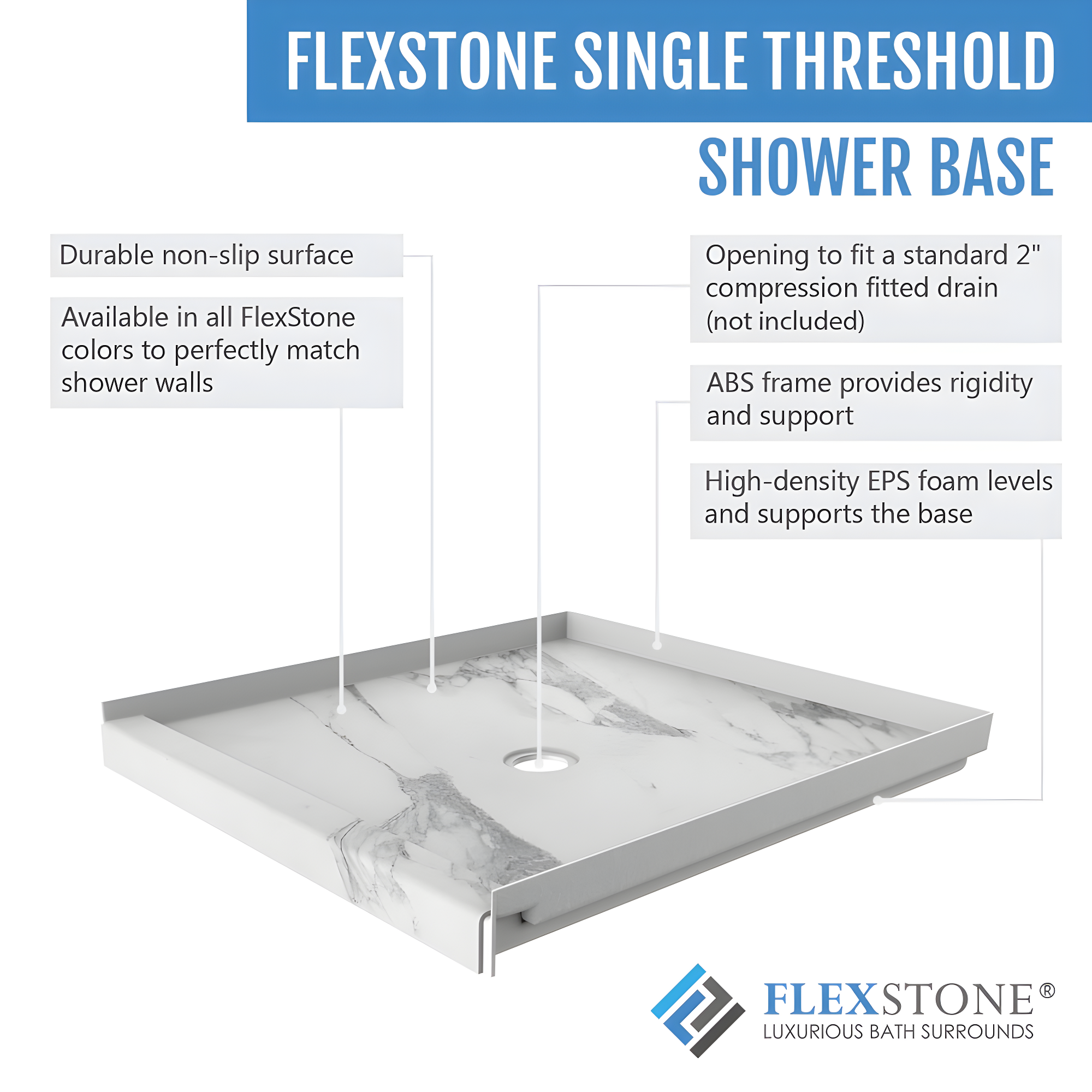 FlexStone 60"L x 32"W Single Threshold Alcove Shower Base with Right-Hand Drain