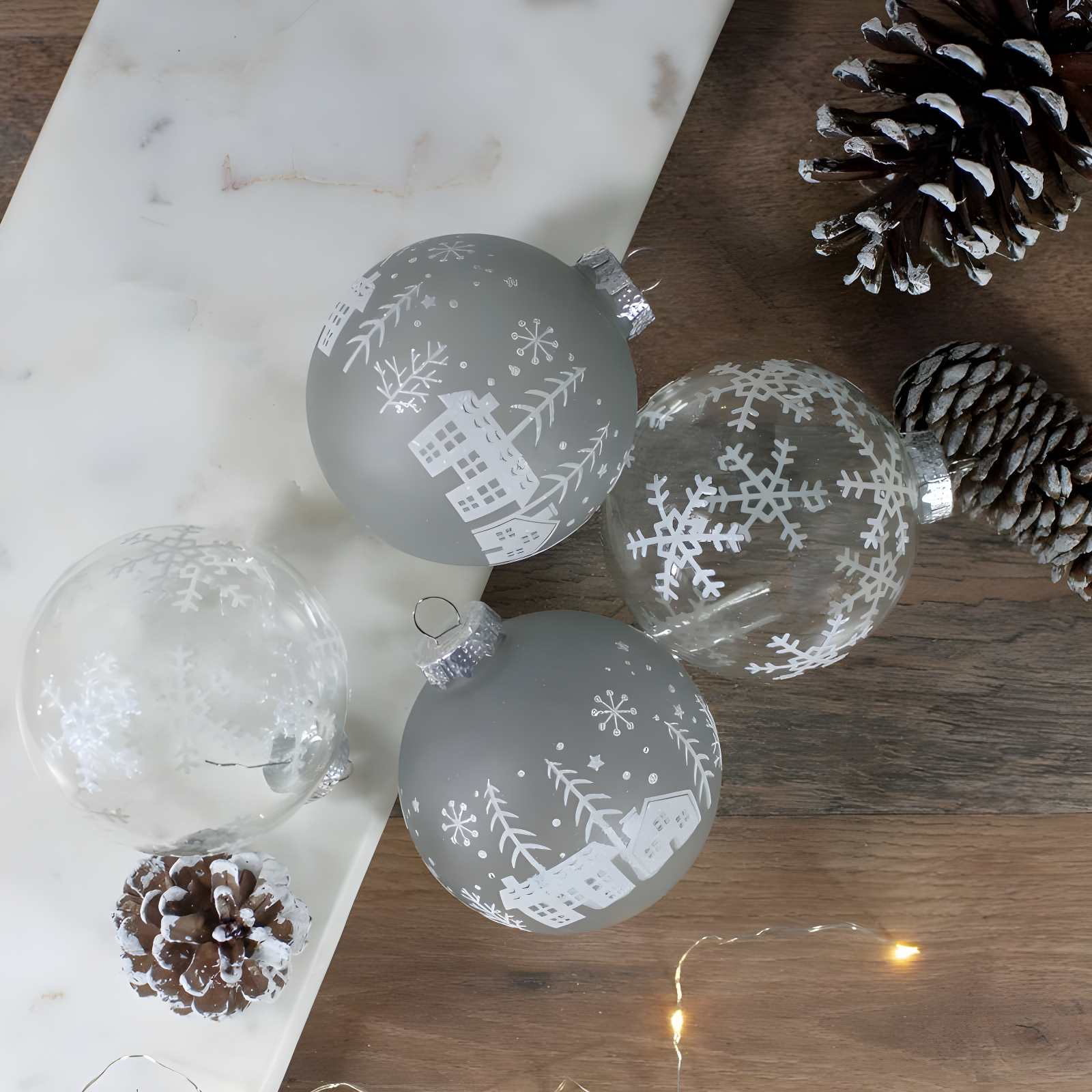 4 ct Gray and Clear Glass Ball Hanging Christmas Ornaments 3.25-Inch (80mm)