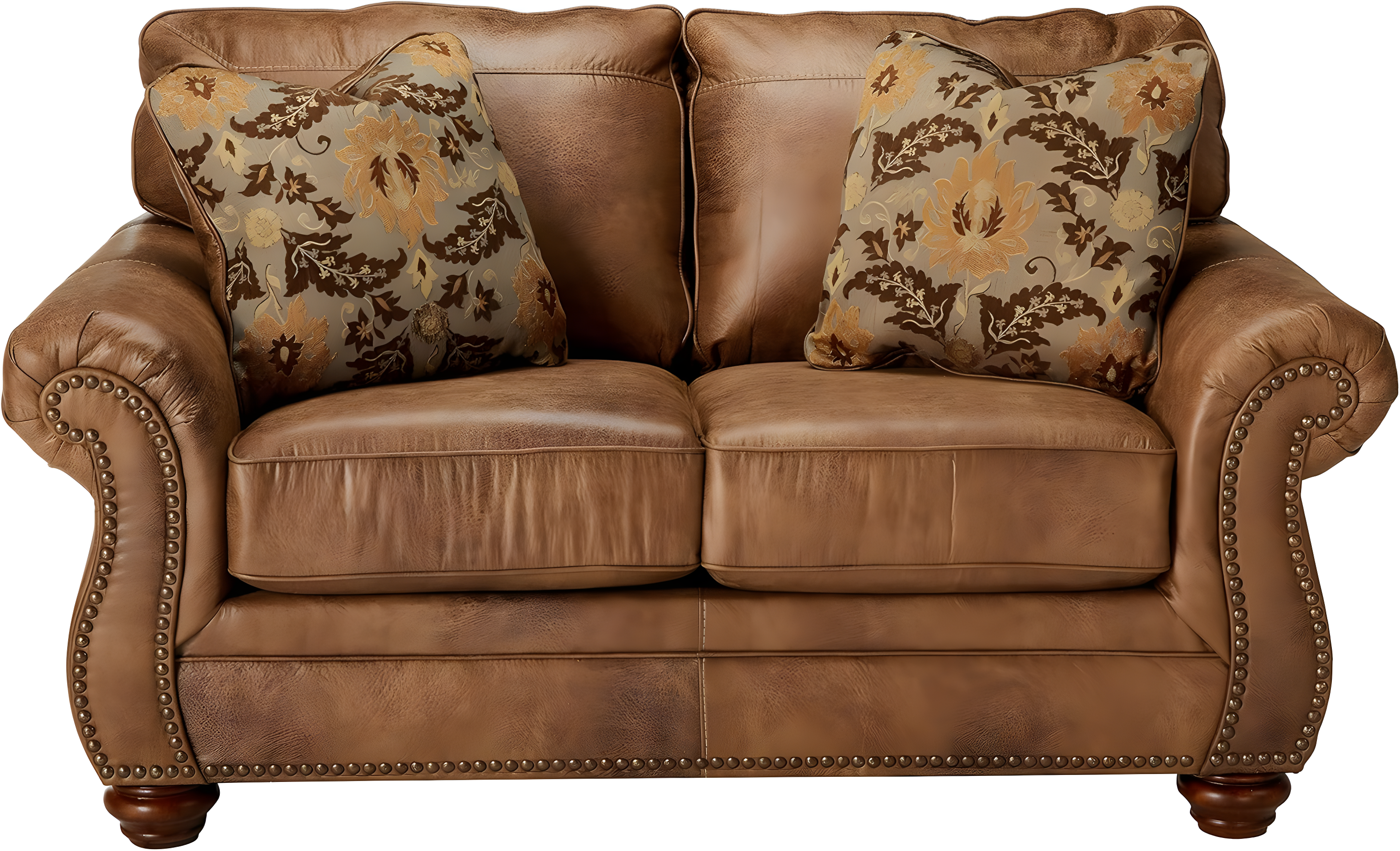 Brown Faux Leather Traditional Loveseat with Rolled Arms and Nailhead Trim