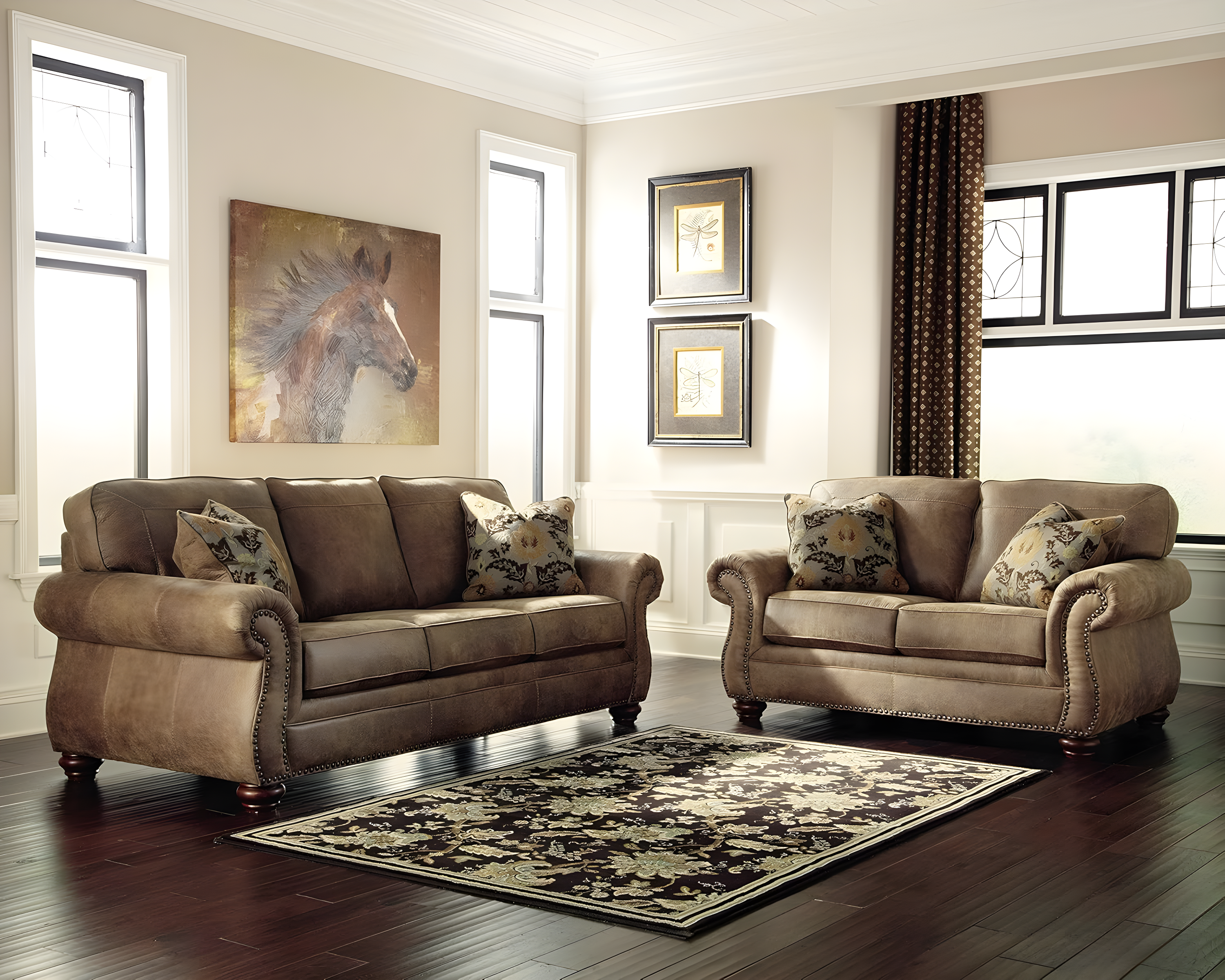 Brown Faux Leather Traditional Loveseat with Rolled Arms and Nailhead Trim