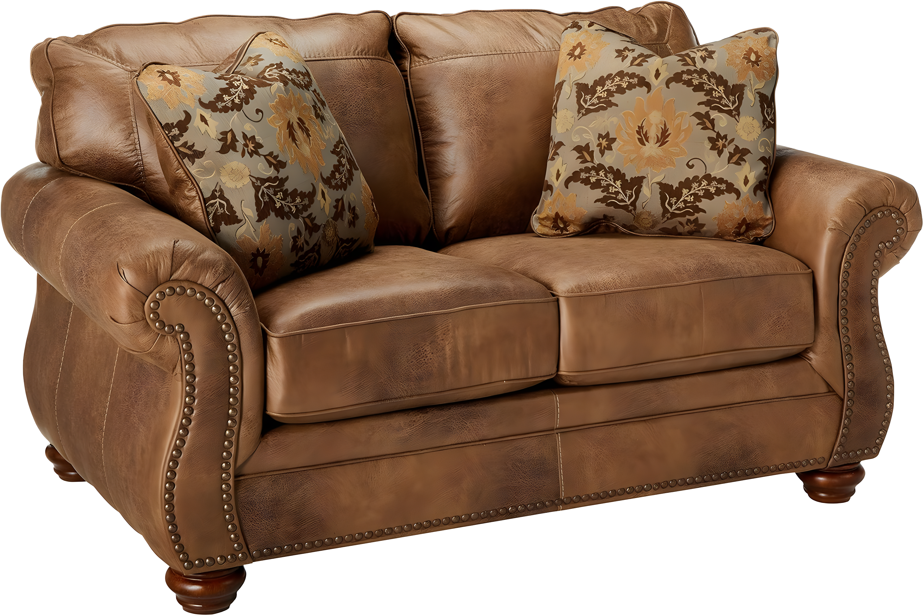 Brown Faux Leather Traditional Loveseat with Rolled Arms and Nailhead Trim