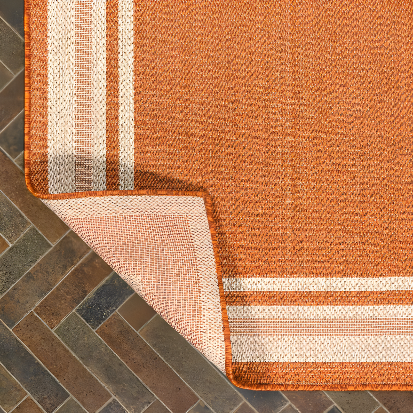 2' x 8' James Modern Border Stripe Indoor/Outdoor Runner Rug, Orange/Cream - JONATHAN Y