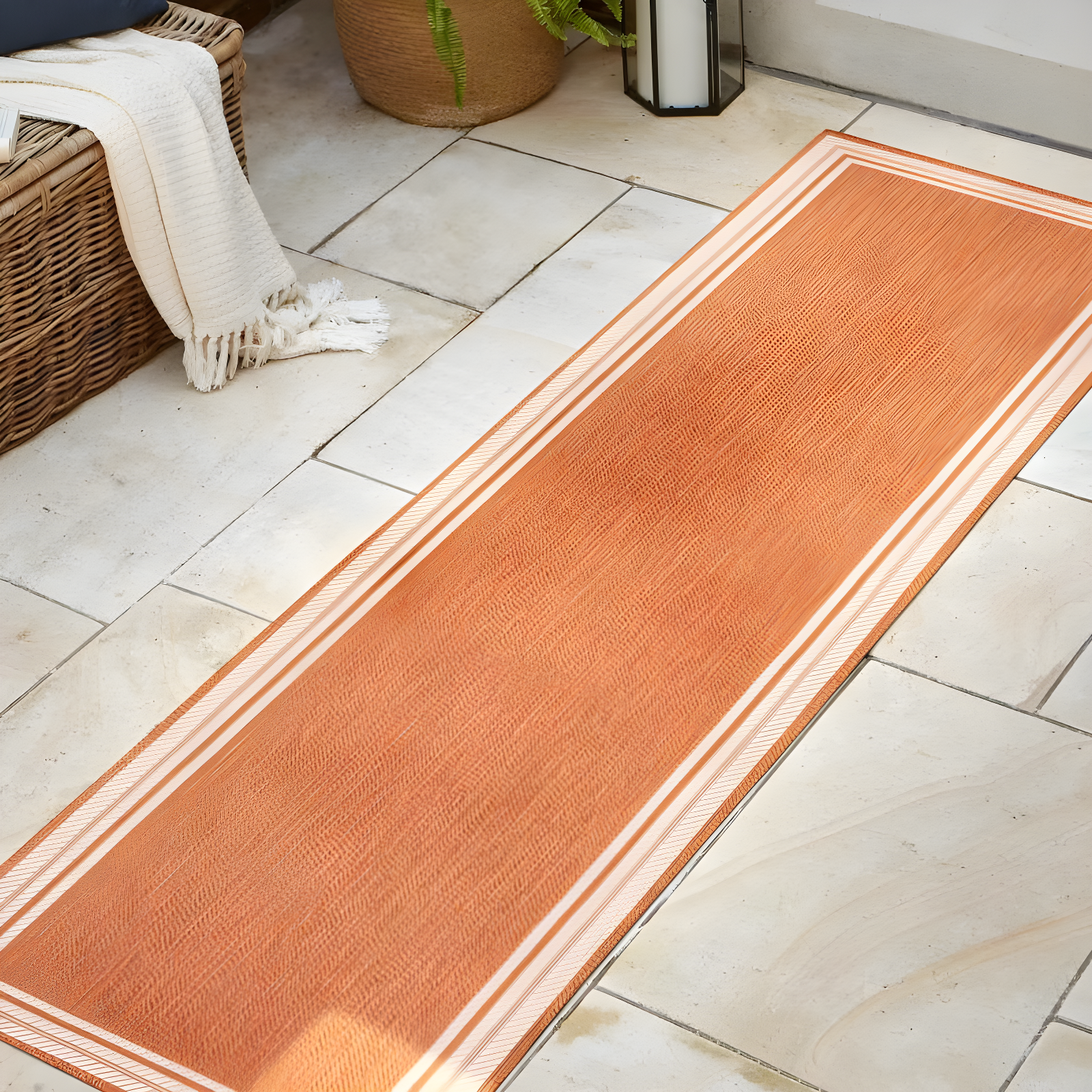 2' x 8' James Modern Border Stripe Indoor/Outdoor Runner Rug, Orange/Cream - JONATHAN Y