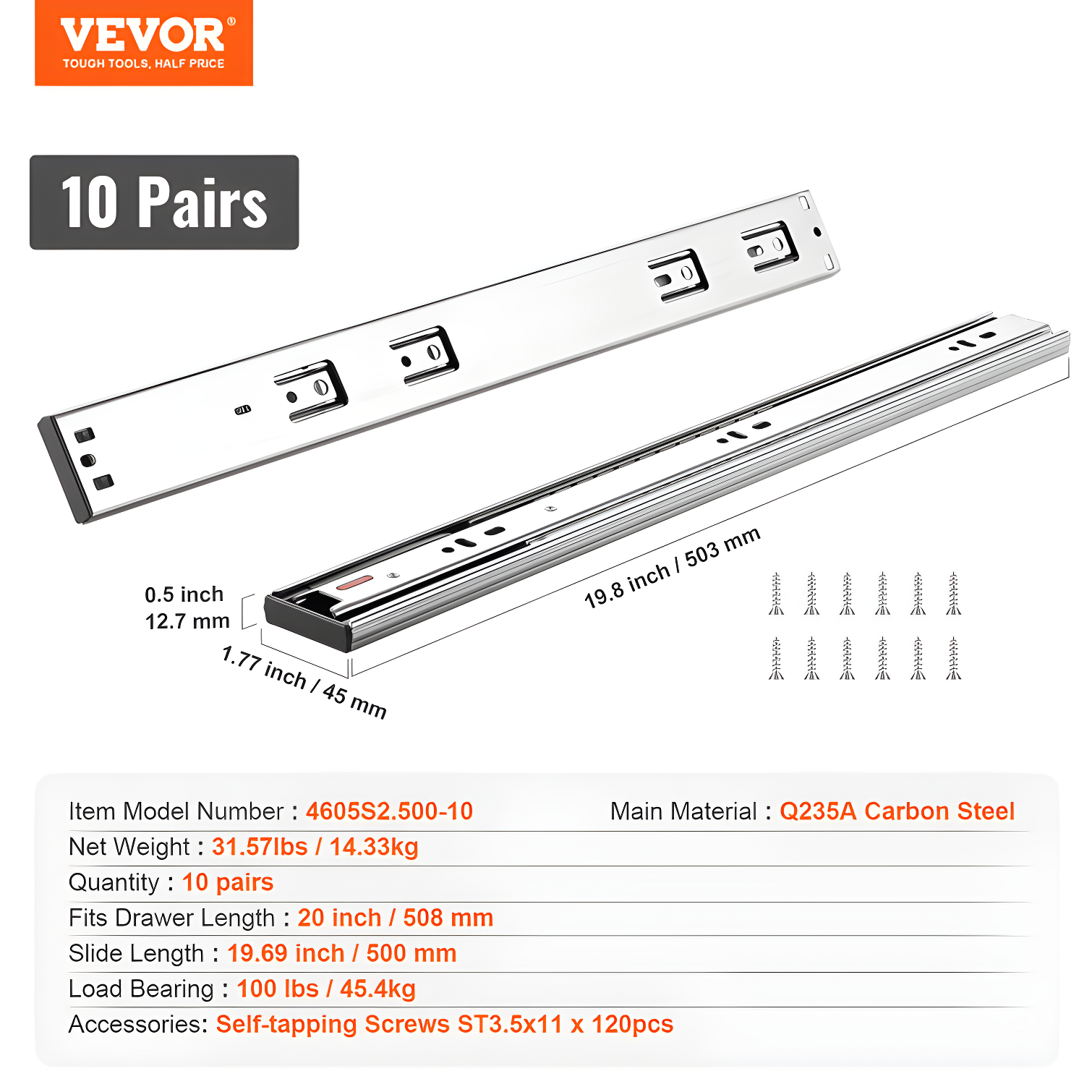 Full Extension 1.77'' Soft Close Side Mount Metal Drawer Slide (Set of 10)