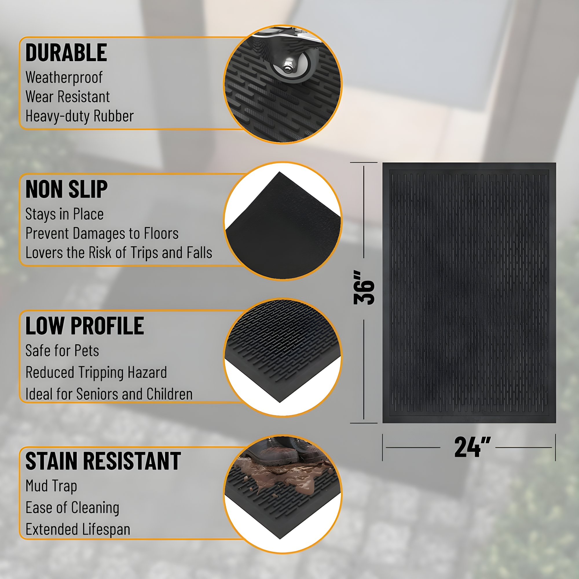 Ottomanson Easy clean, Waterproof Non-Slip Indoor/Outdoor Rubber Doormat, Black
