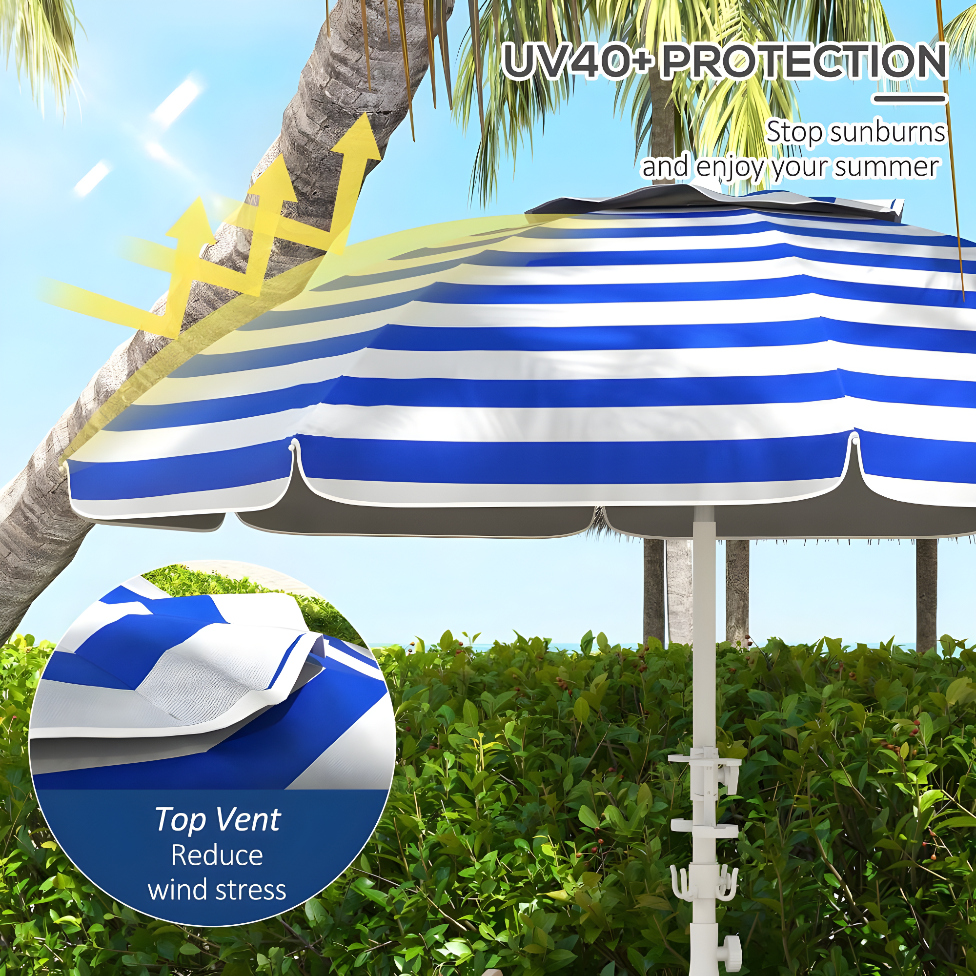 Outsunny 5.7' Beach Umbrella with Cup Holders, Hooks, Vented Canopy, Portable Outdoor Umbrella, Blue Stripe