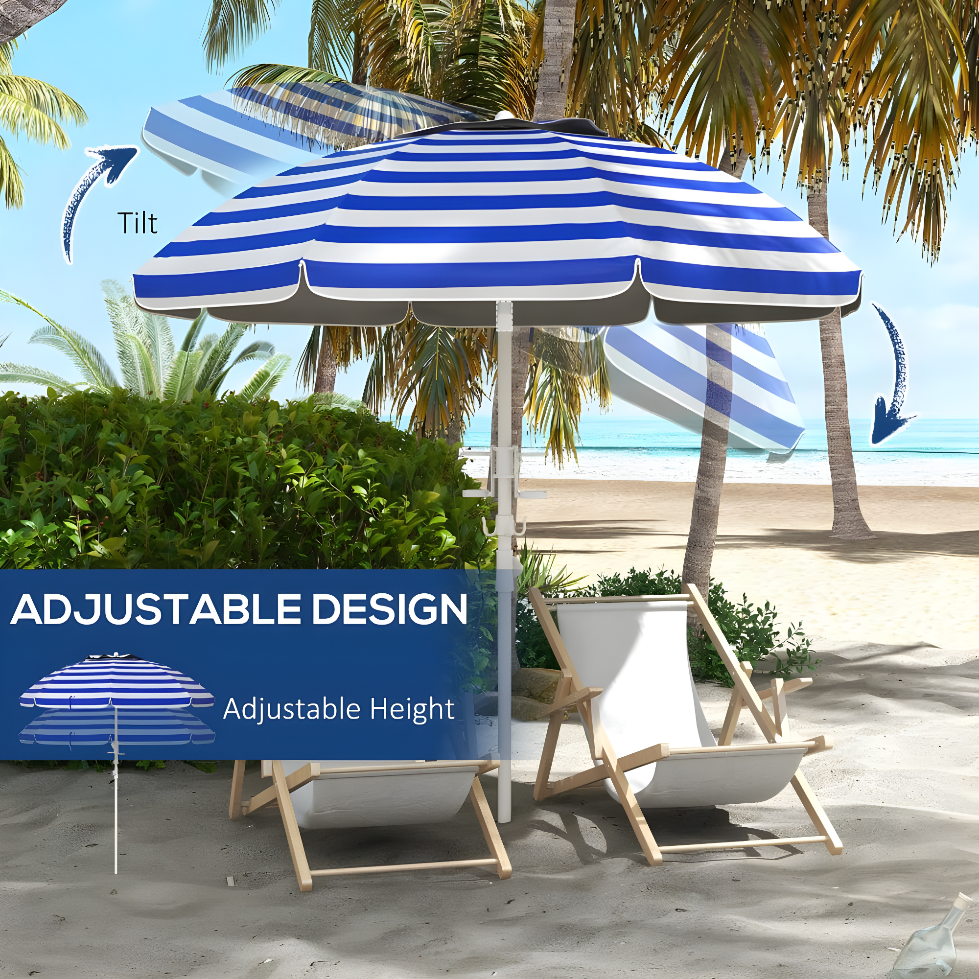 Outsunny 5.7' Beach Umbrella with Cup Holders, Hooks, Vented Canopy, Portable Outdoor Umbrella, Blue Stripe
