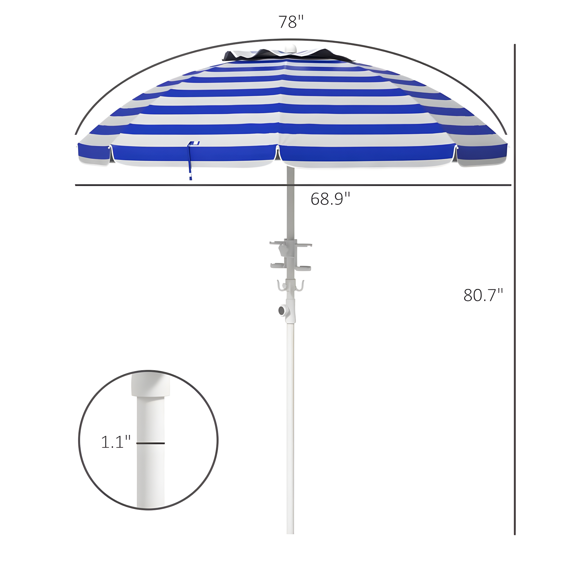 Outsunny 5.7' Beach Umbrella with Cup Holders, Hooks, Vented Canopy, Portable Outdoor Umbrella, Blue Stripe