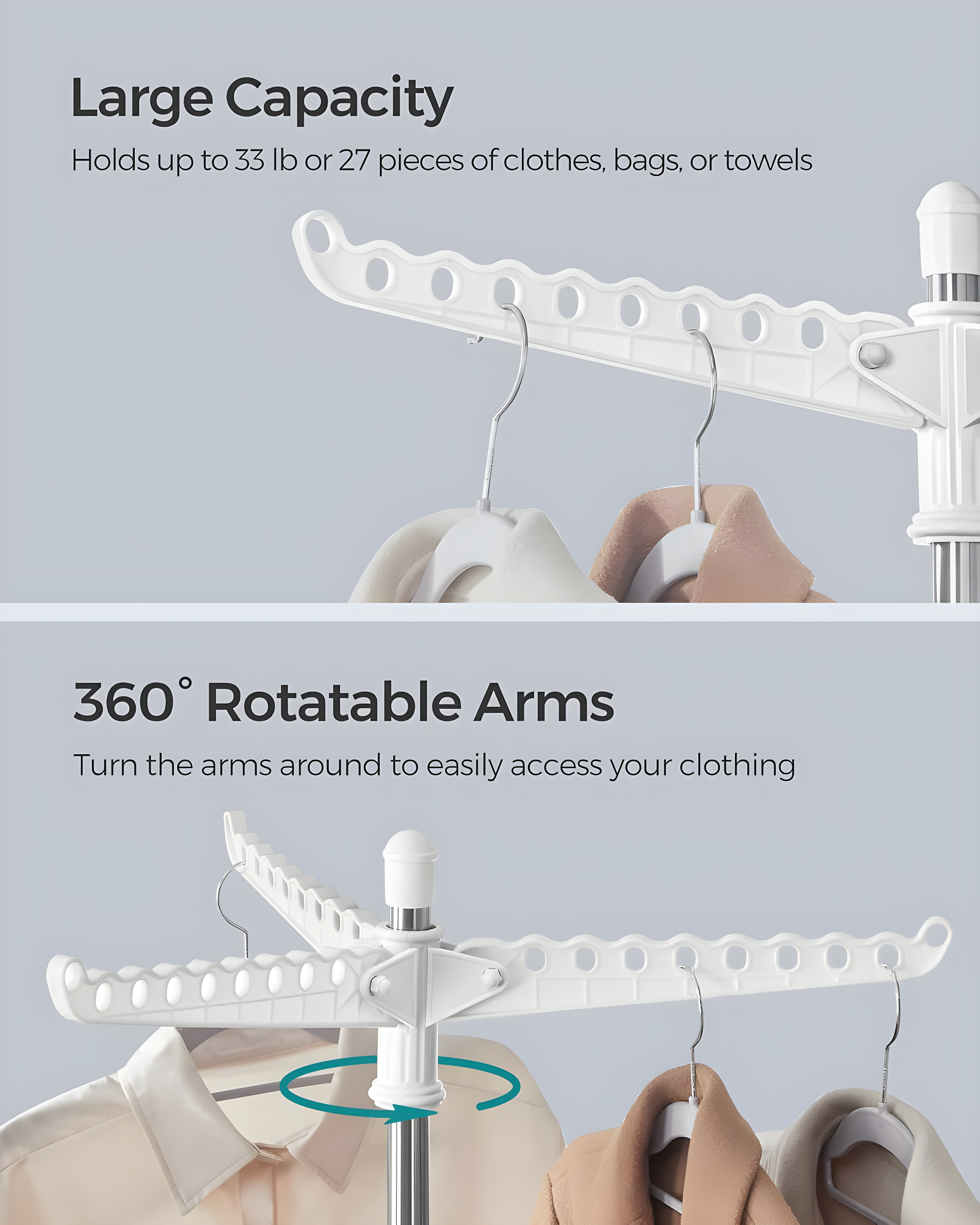 SONGMICS Clothes Drying Rack, 59-Inch Folding Laundry Drying Rack with 3 Rotatable Arms for Hangers, 4 Legs, Stainless Steel, for 27 Pieces of Clothes, White and Silver ULLR510W01