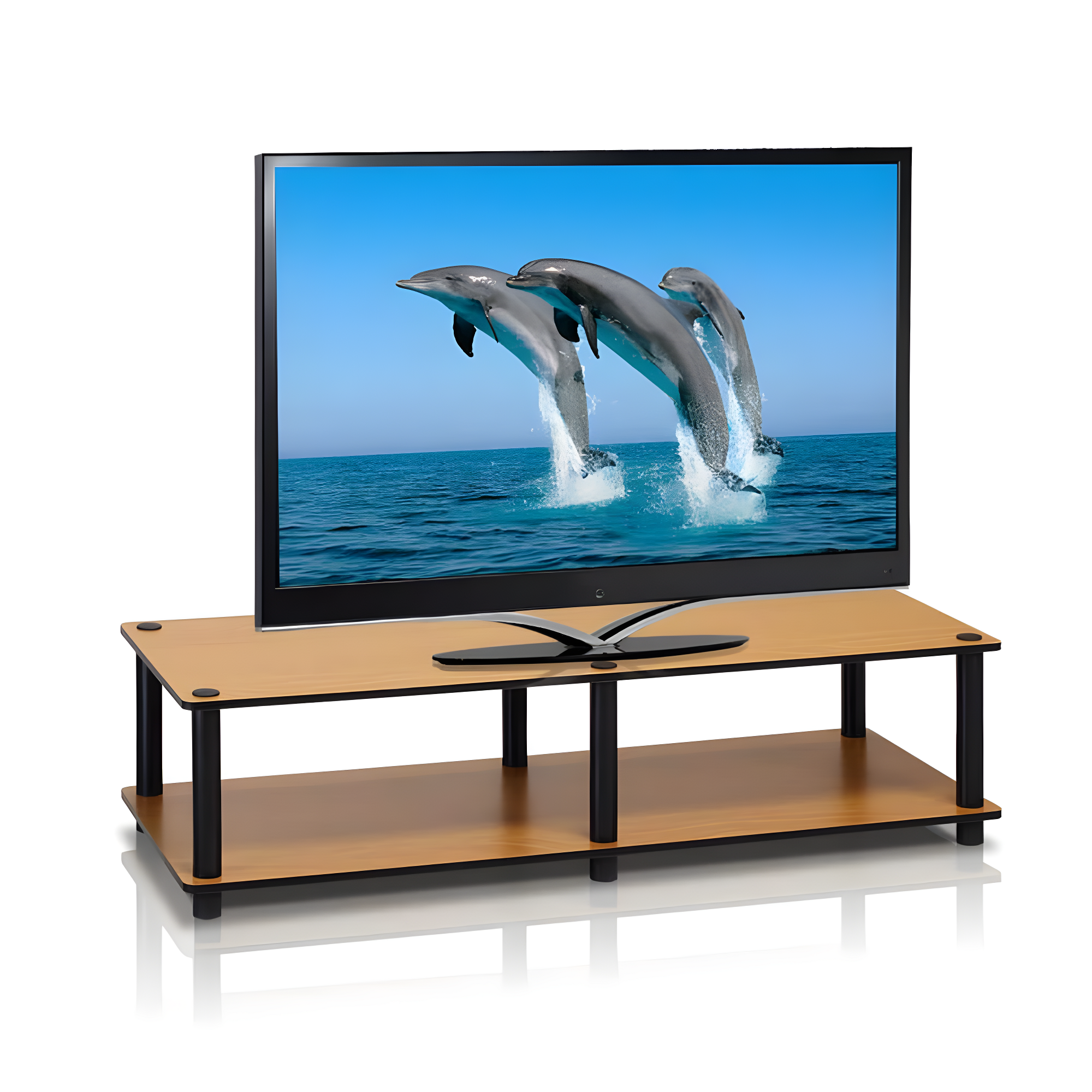 Furinno No Tools Wide TV Stand Media Entertainment Center for TVs up to 43" with Large Capacity Light Cherry Color Black Tube