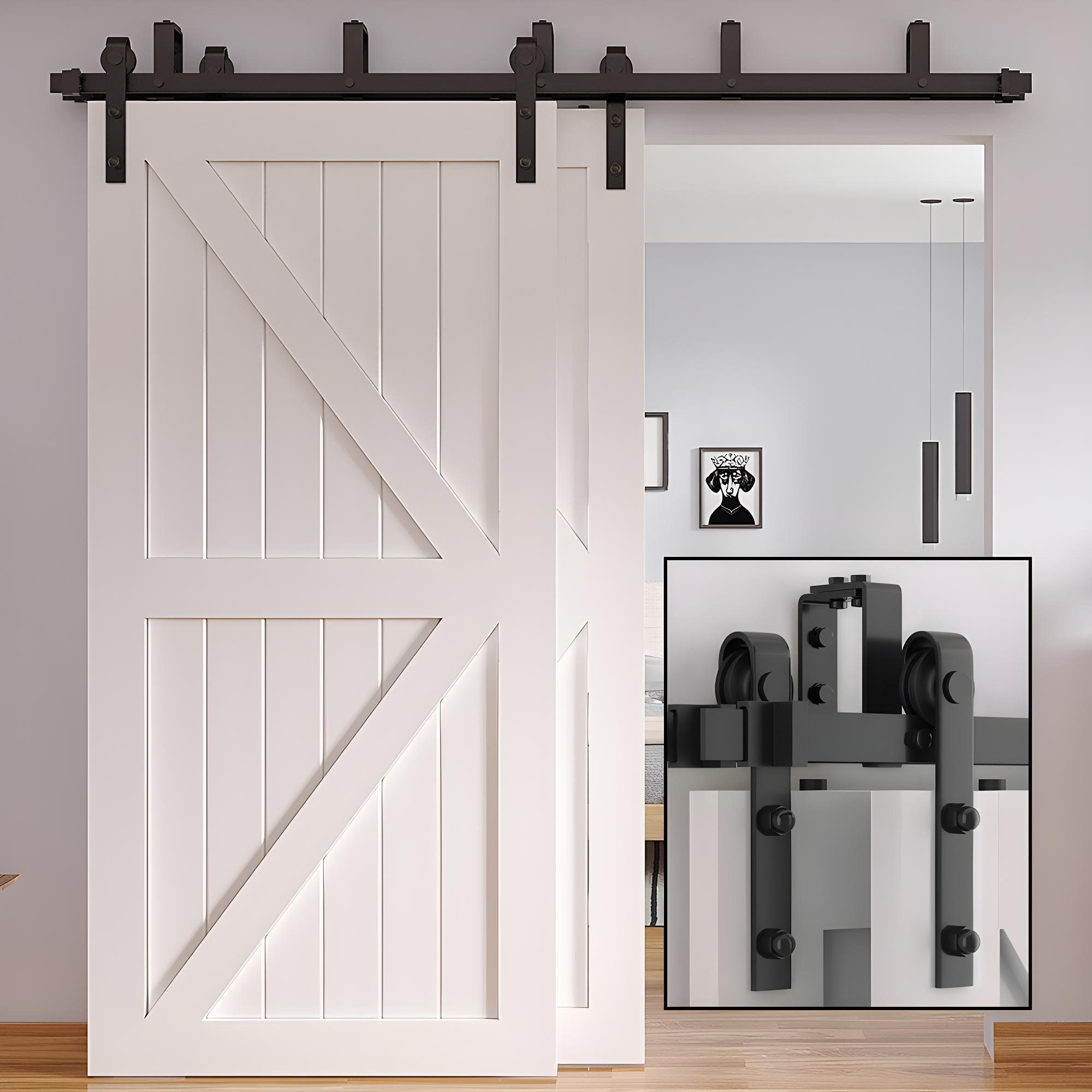LAZ Sliding Double Bypass Double Door Barn Door Hardware Kit