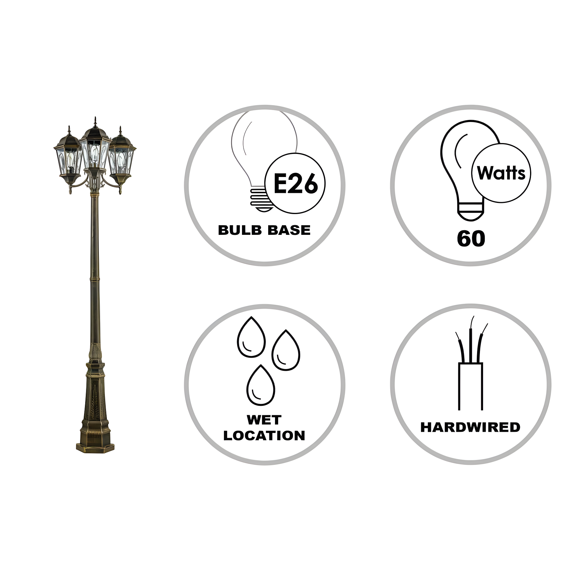 Bel Air Atkinson Classic Black Gold Outdoor Lamp Post - 96" Height