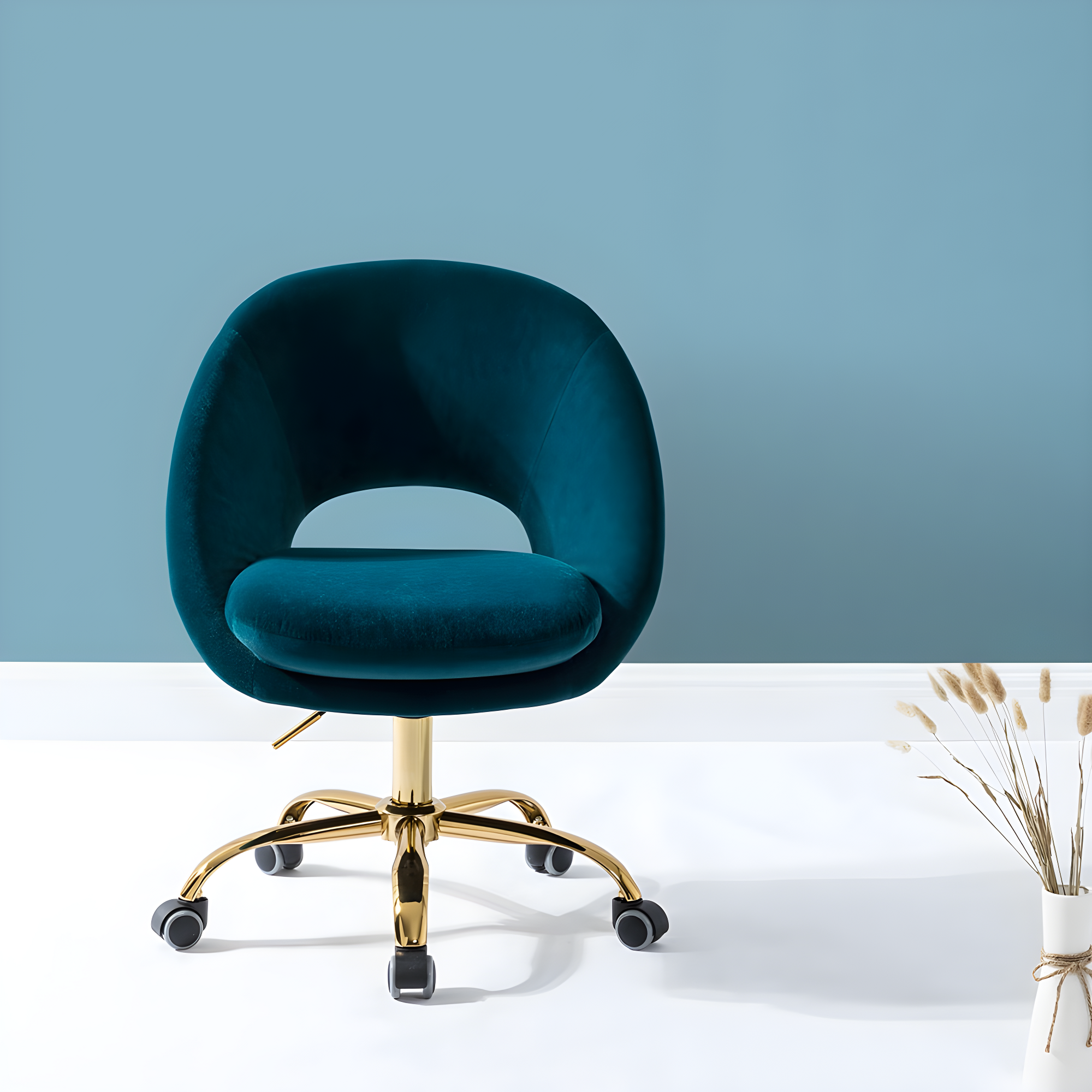 Modern Velvet Office Desk Chair Adjustable Swivel Upholstered Open Back Living Room Vanity Teal