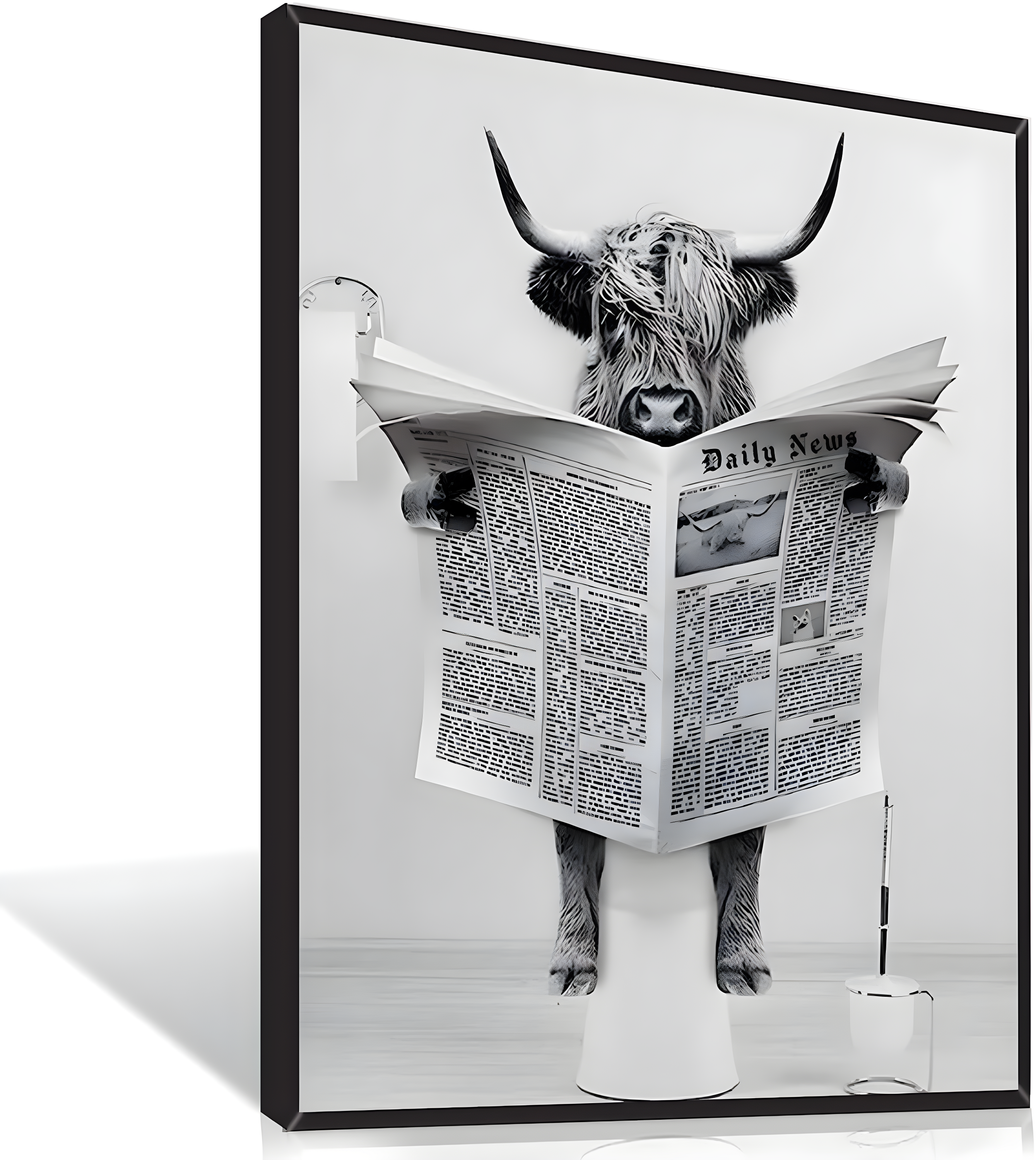 Modern Black Framed Highland Cow Wall Art Minimalist Bathroom Wall Decor Cute Funny Animals Artwork Canvas Prints Ready to Hang for Guest Bathroom, Hotel, Condo, Kids Bathroom, 12”x16”