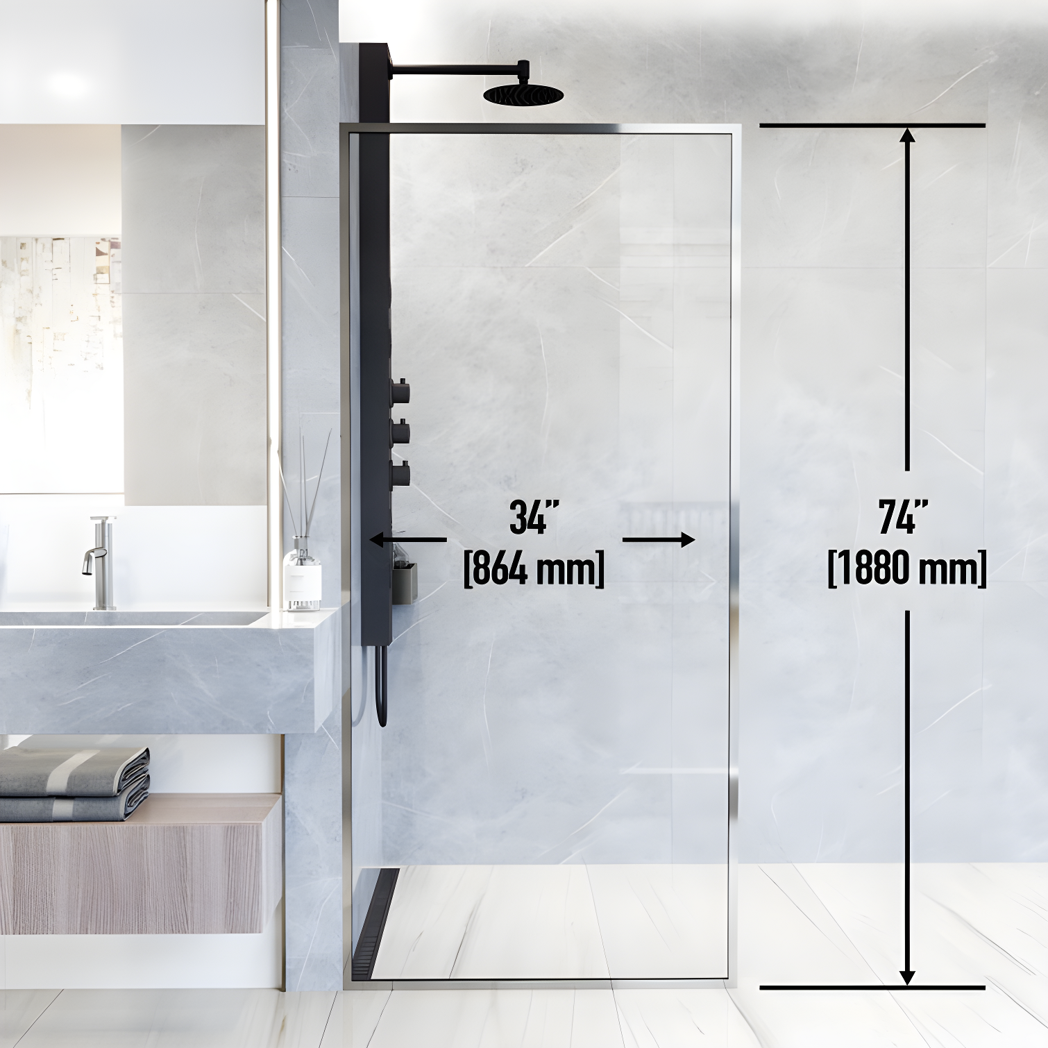 Meridian 34" W x 74" H Fixed Framed Shower Screen with 3/8" Glass