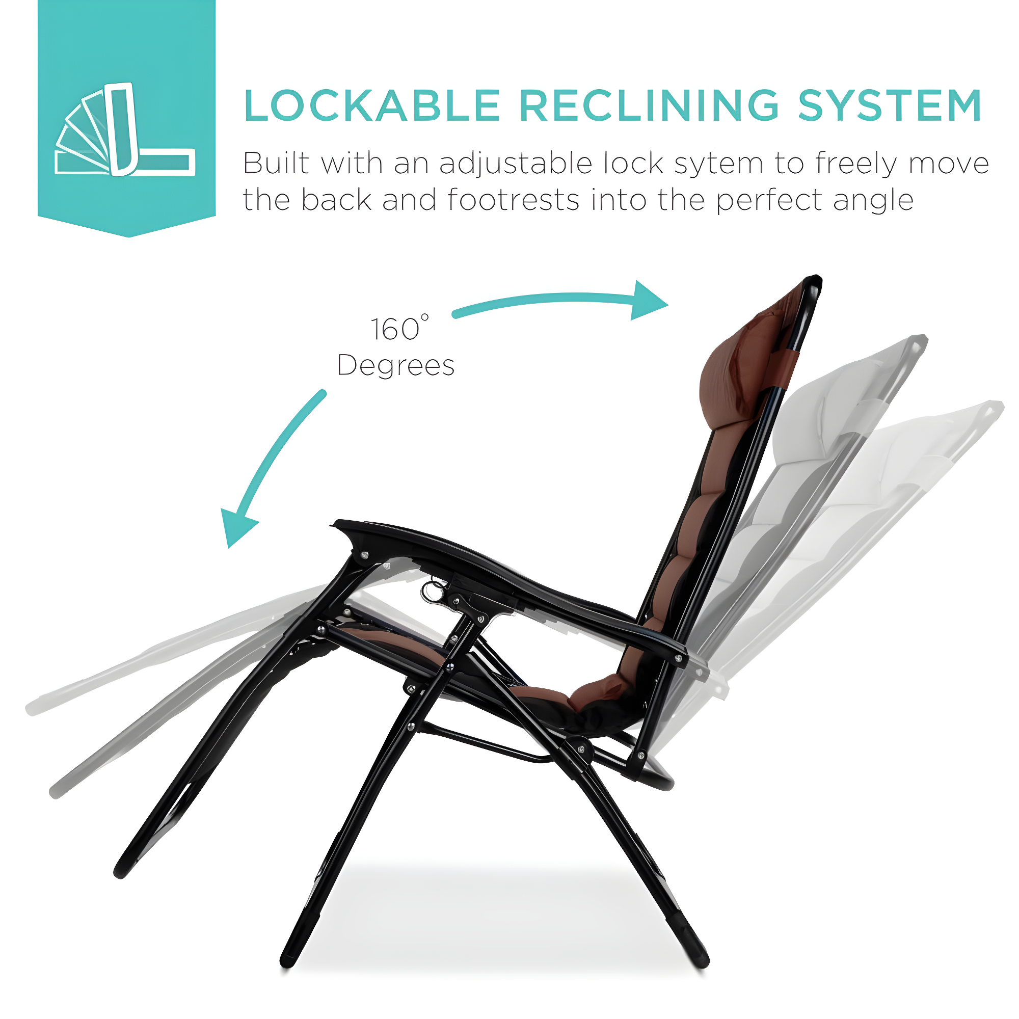 Best Choice Products Oversized Padded Zero Gravity Chair, Folding Outdoor Patio Recliner w/ Side Tray - Black/Brown