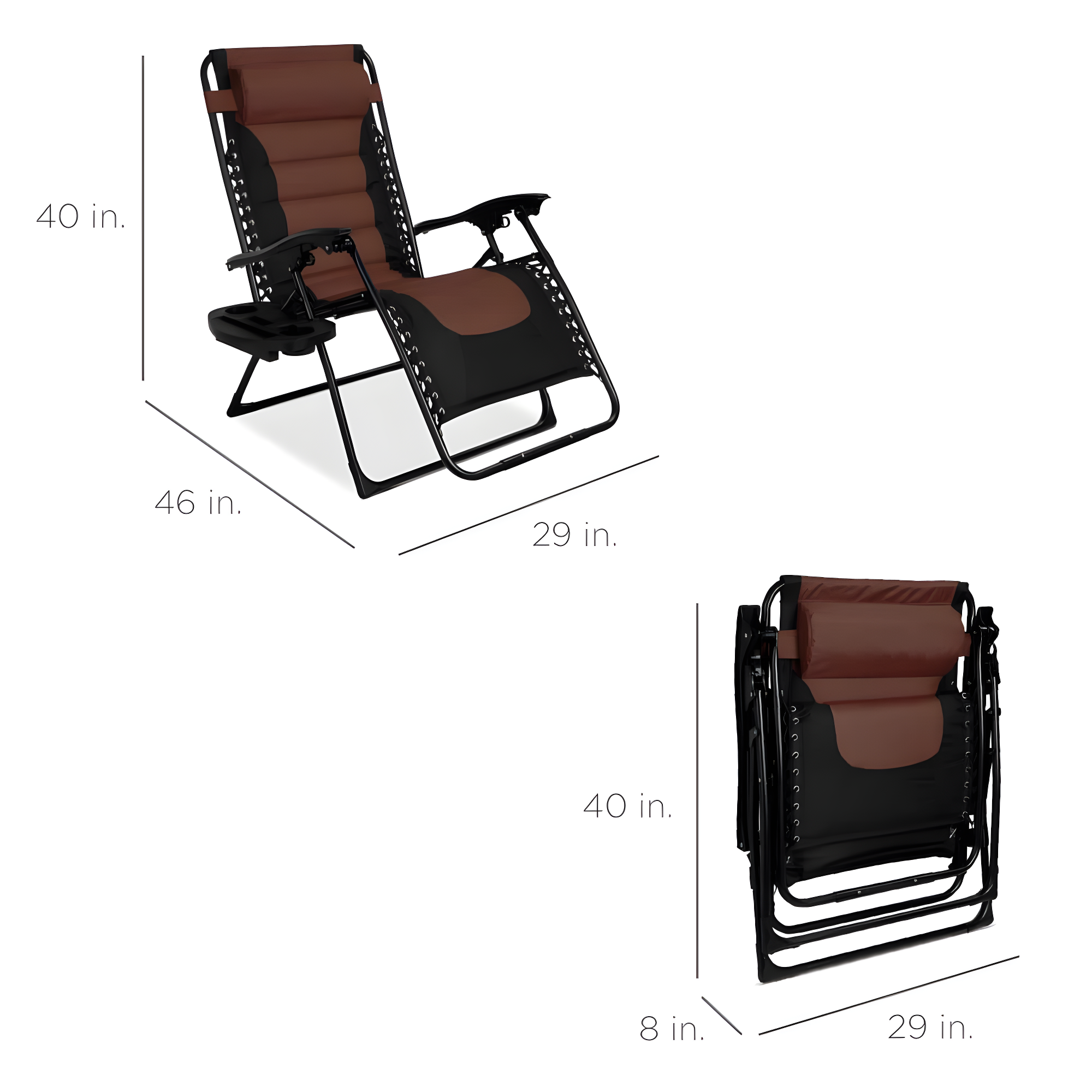 Best Choice Products Oversized Padded Zero Gravity Chair, Folding Outdoor Patio Recliner w/ Side Tray - Black/Brown
