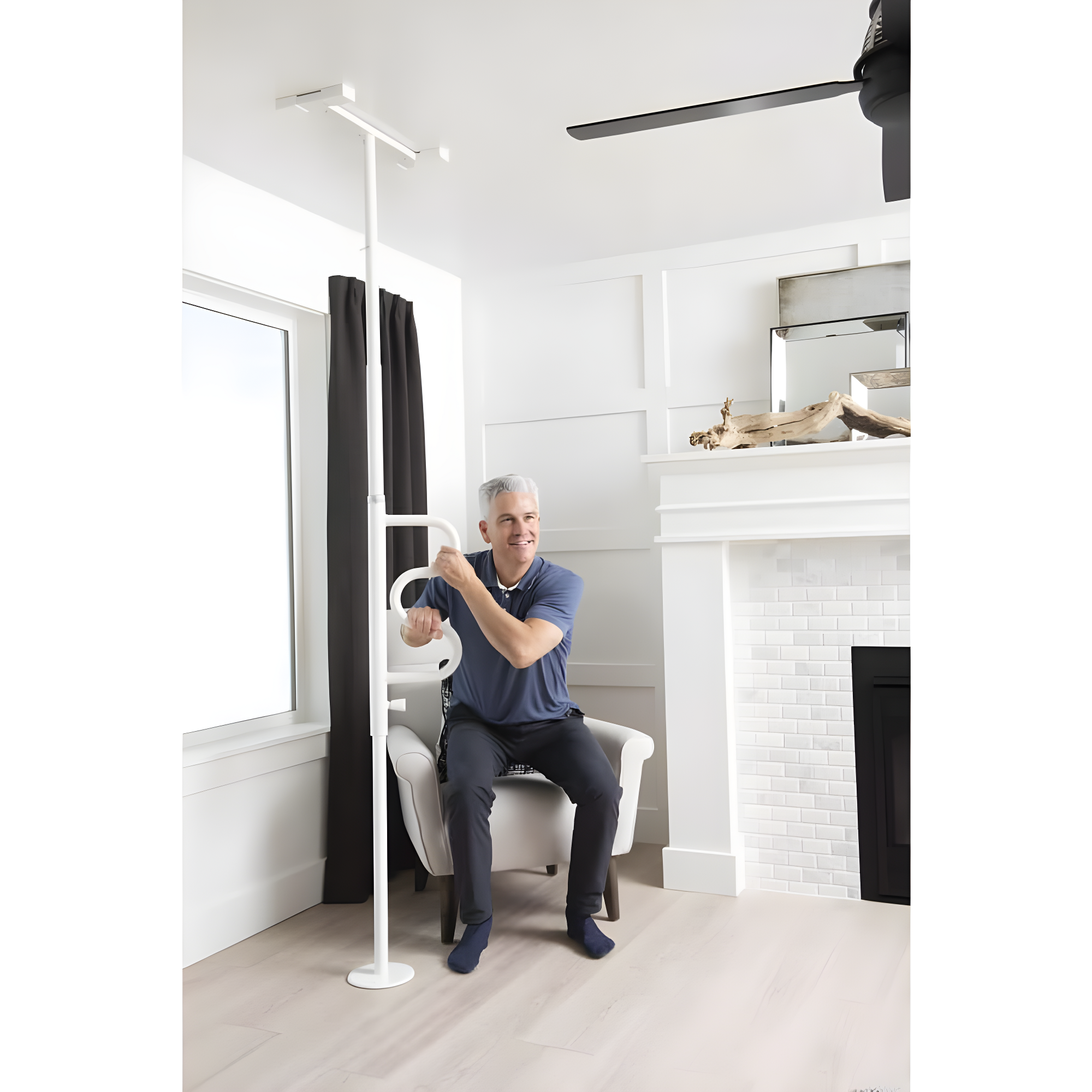 Stander Wonder Pole, Security Pole and Curve Grab Bar, Bathroom Safety Rail for Elderly, Tension Mounted Floor to Ceiling Safety Assist Handle for Seniors, Supports 300 lbs, White