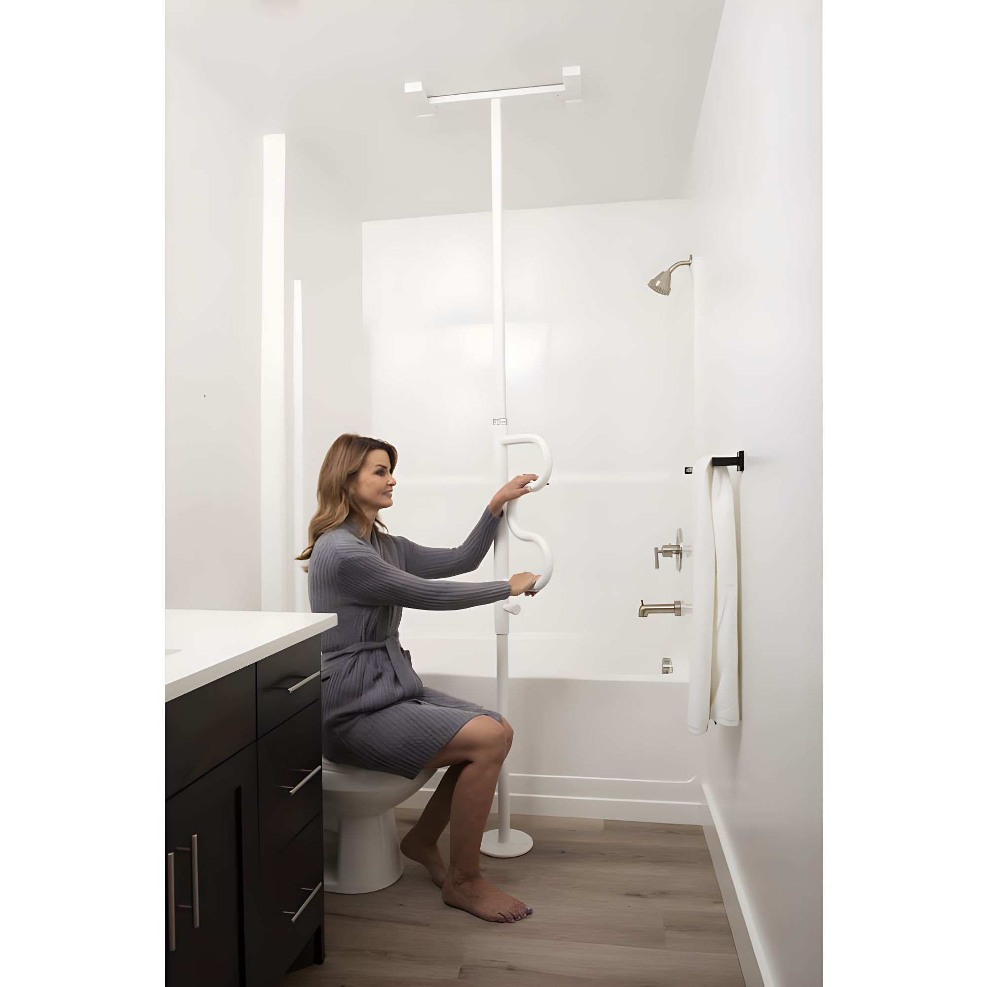 Stander Wonder Pole, Security Pole and Curve Grab Bar, Bathroom Safety Rail for Elderly, Tension Mounted Floor to Ceiling Safety Assist Handle for Seniors, Supports 300 lbs, White