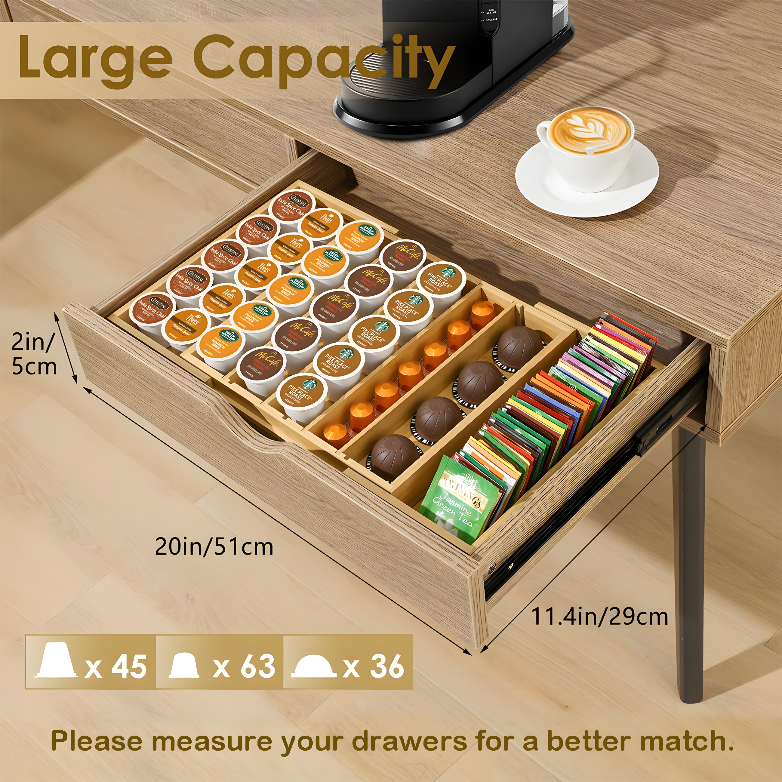 Coffee Pod Holder Drawer, Bamboo K Cup Holder Compatible with Nespresso Vertuo Capsules, 25-45 K Cup Drawer Organizer for Coffee Station Home Office and Kitchen (Bamboo)