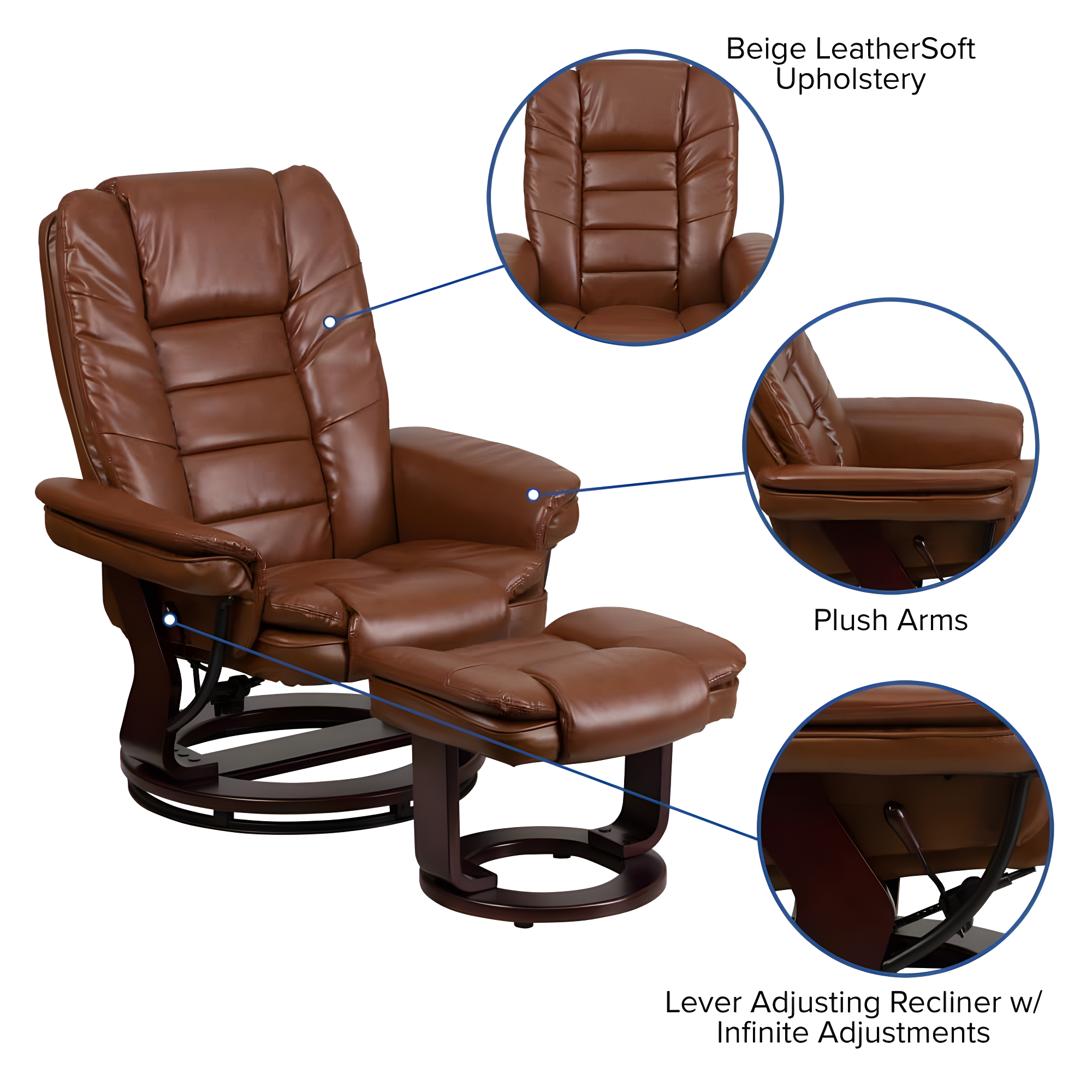 Bowery Hill Contemporary Leather Recliner in Vintage Brown Finish