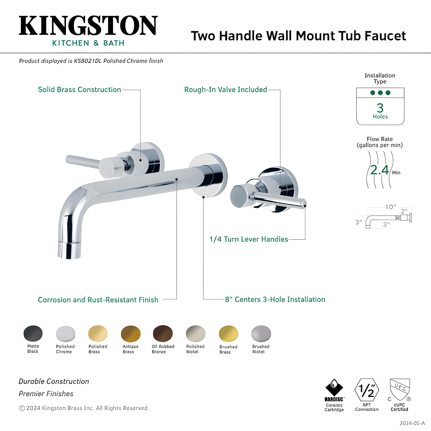 Kingston Brass KS8028DL Kingston Brass Concord Two-Handle 3-Hole Wall Mount Roman Tub Faucet