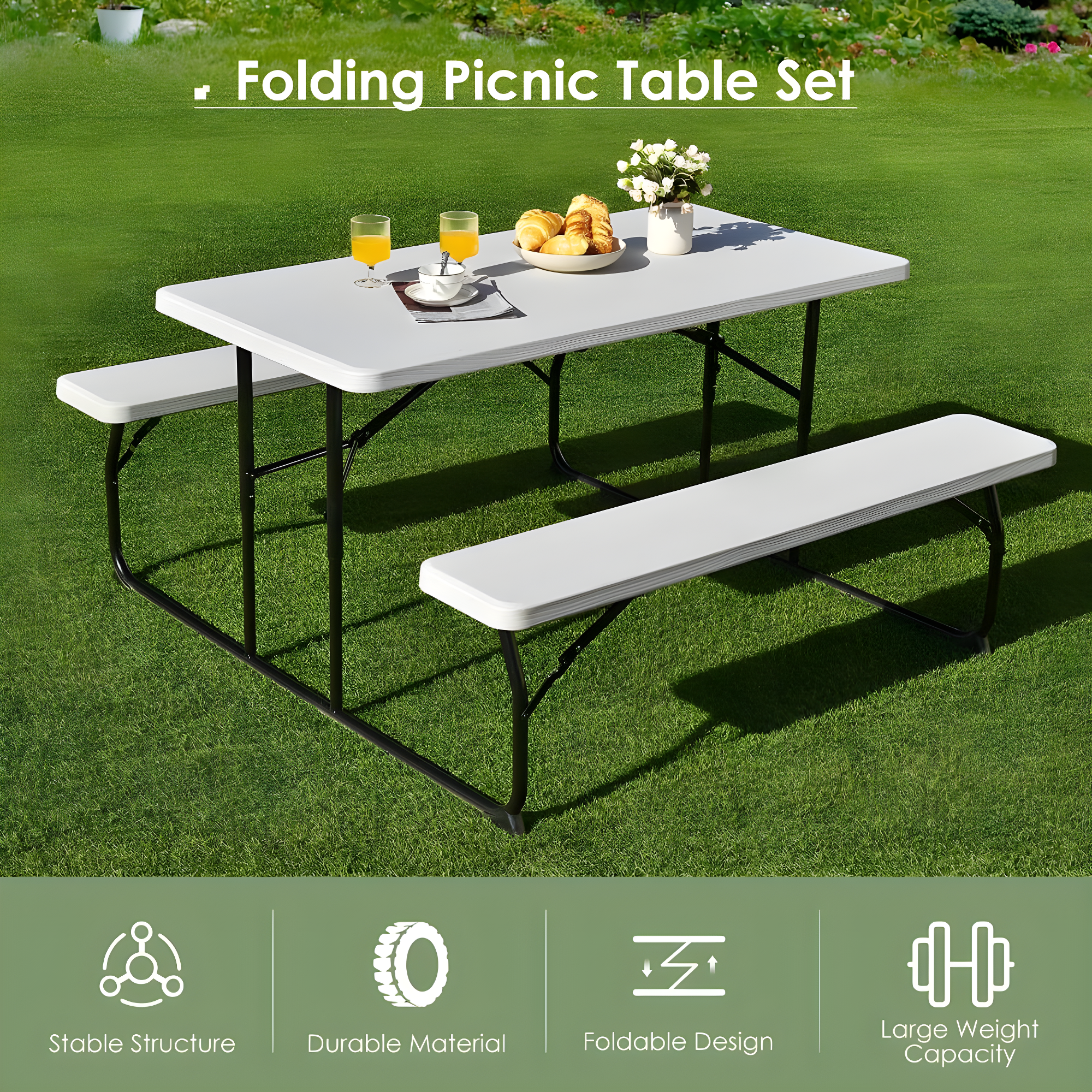 Topcobe Indoor and Outdoor Folding Picnic Table Bench Set with Wood-like Texture, Outdoor Patio Furniture for Balcony Garden Backyard-White