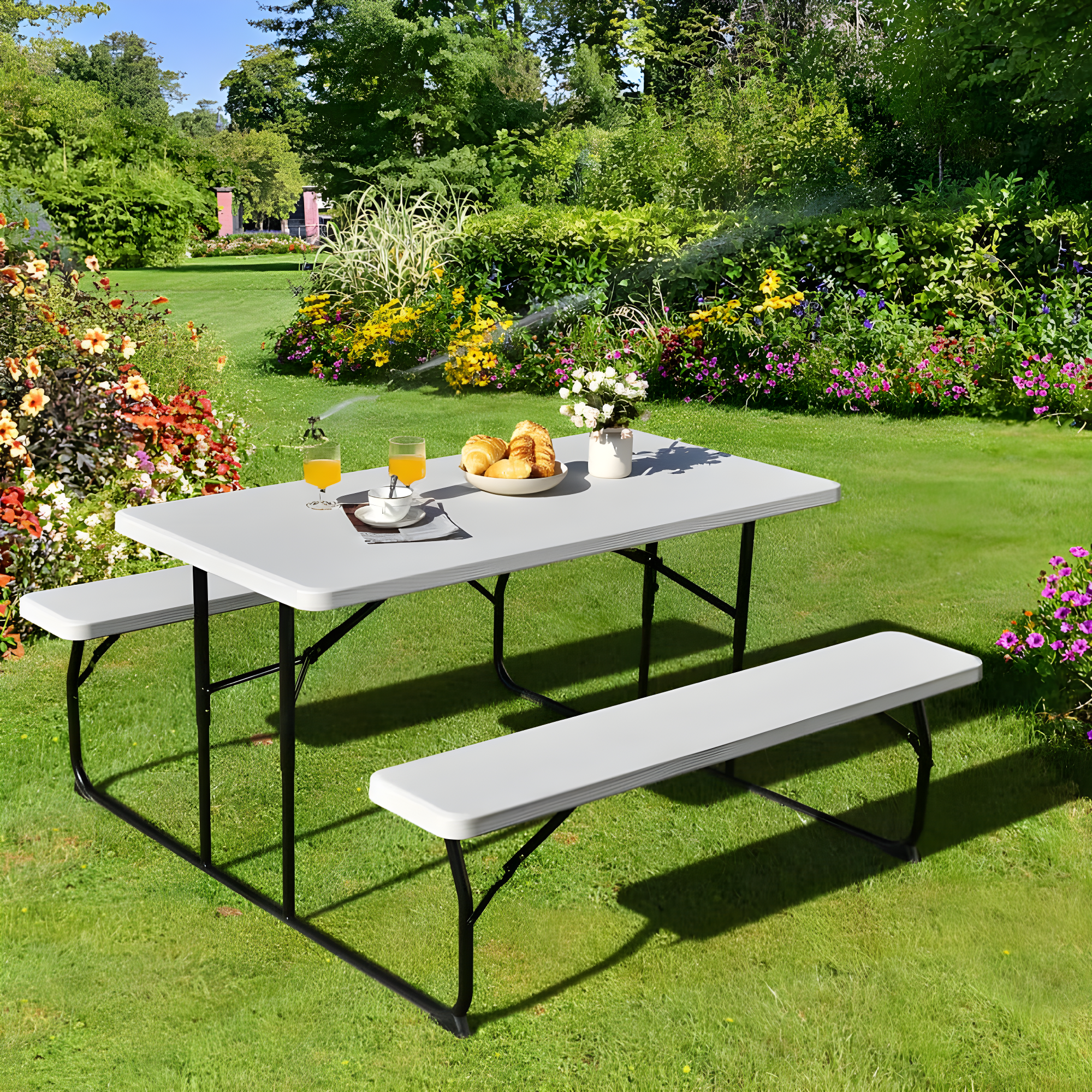 Topcobe Indoor and Outdoor Folding Picnic Table Bench Set with Wood-like Texture, Outdoor Patio Furniture for Balcony Garden Backyard-White