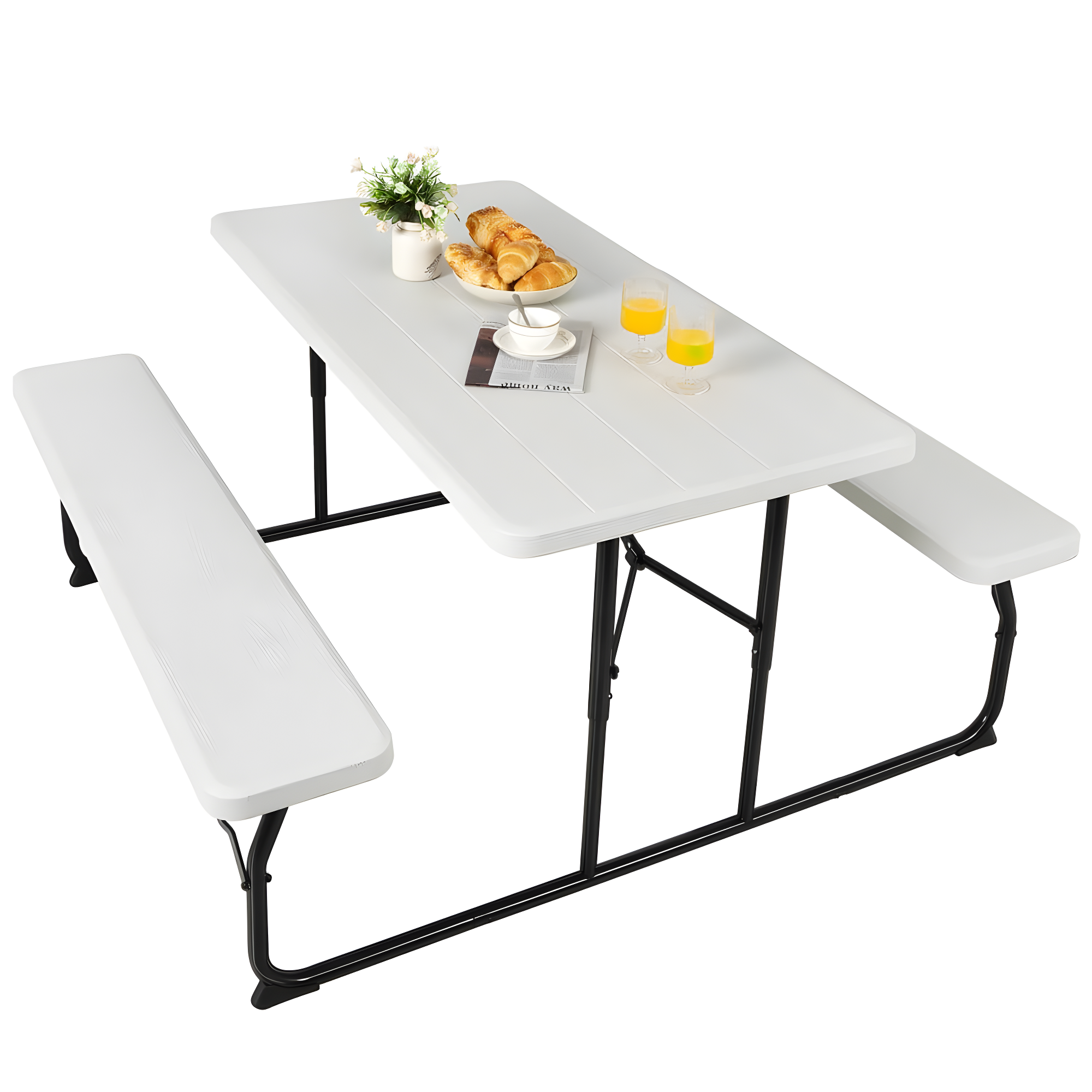 Topcobe Indoor and Outdoor Folding Picnic Table Bench Set with Wood-like Texture, Outdoor Patio Furniture for Balcony Garden Backyard-White