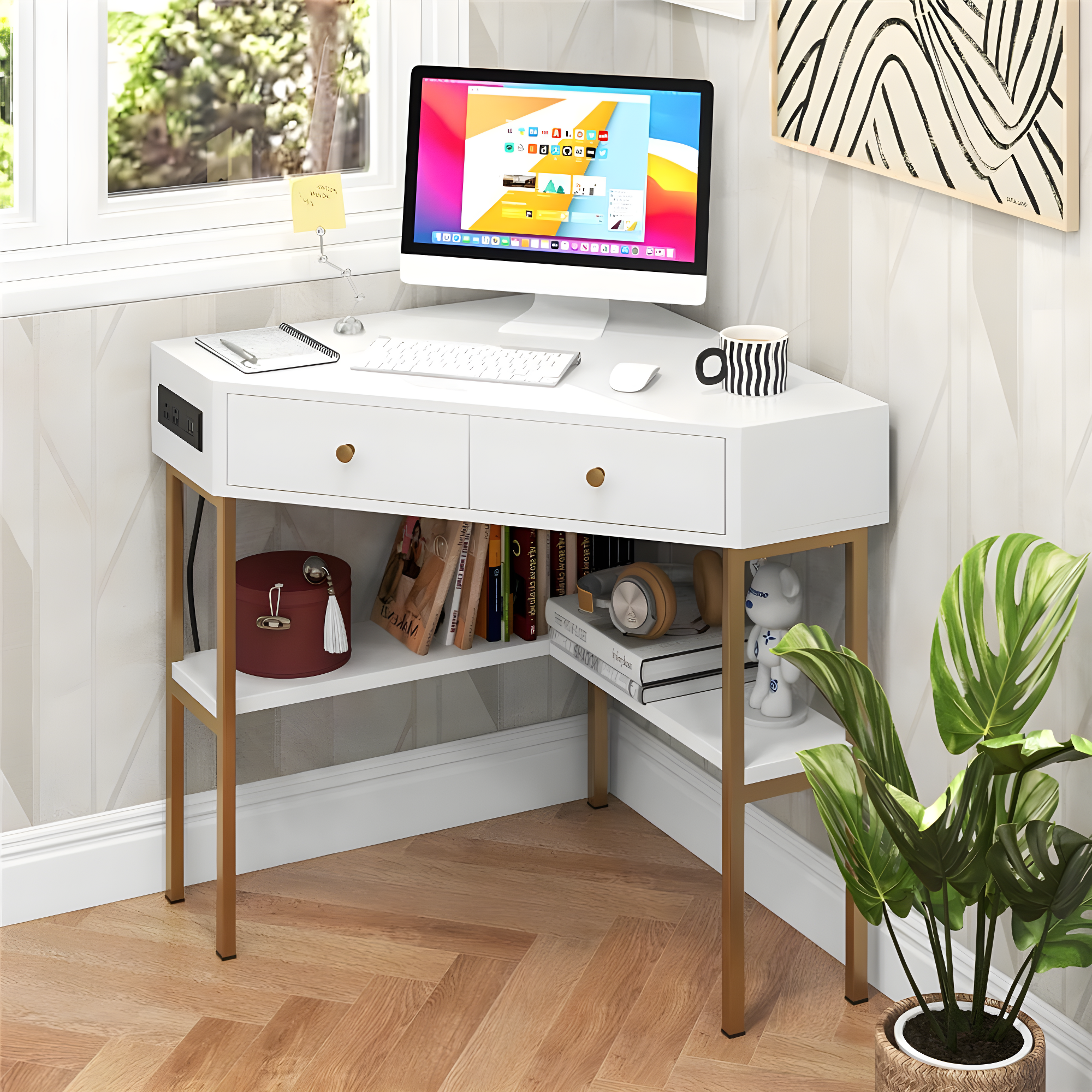 Costway Corner Desk with Built-in Charging Station Storage Drawers & Open Shelves Office White