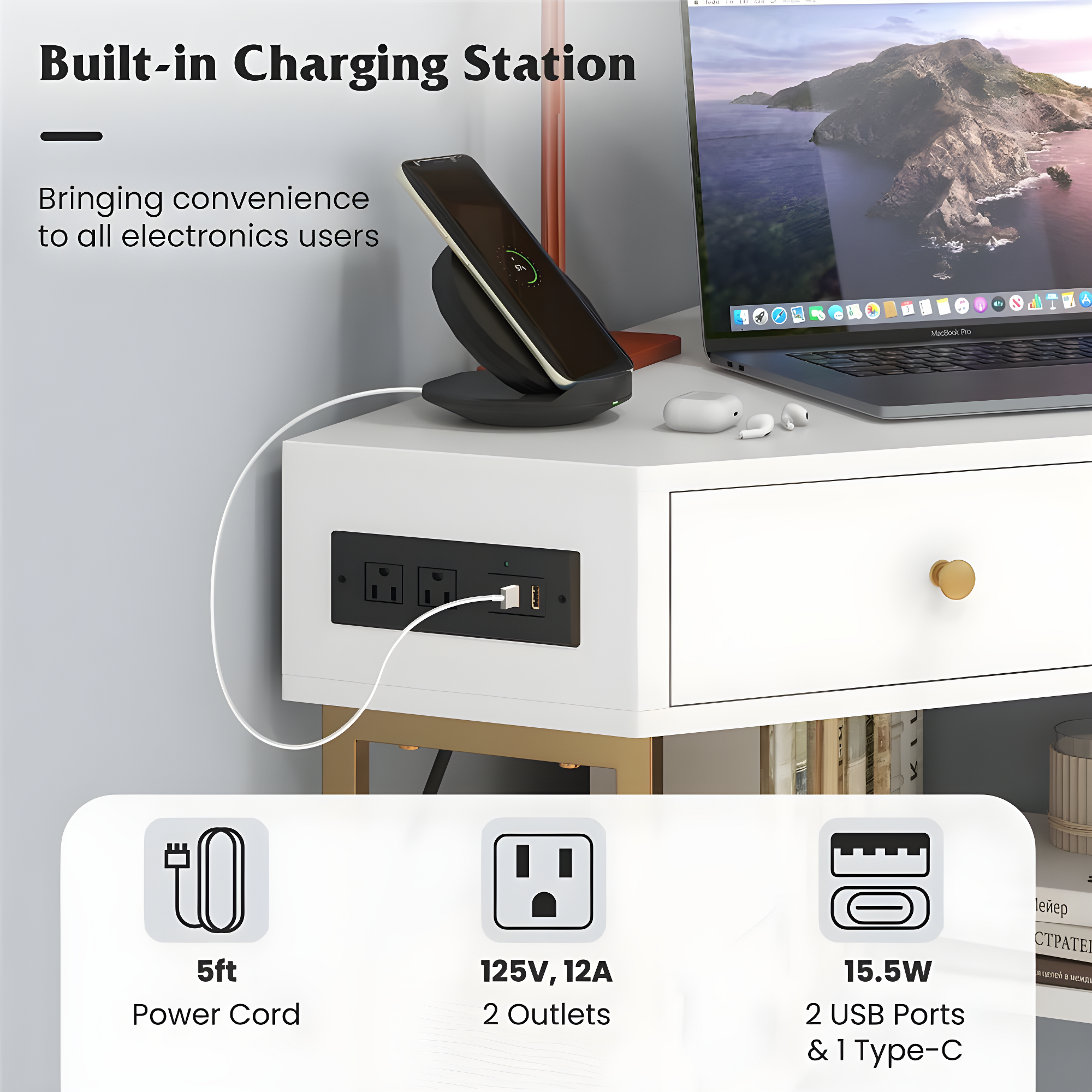 Costway Corner Desk with Built-in Charging Station Storage Drawers & Open Shelves Office White