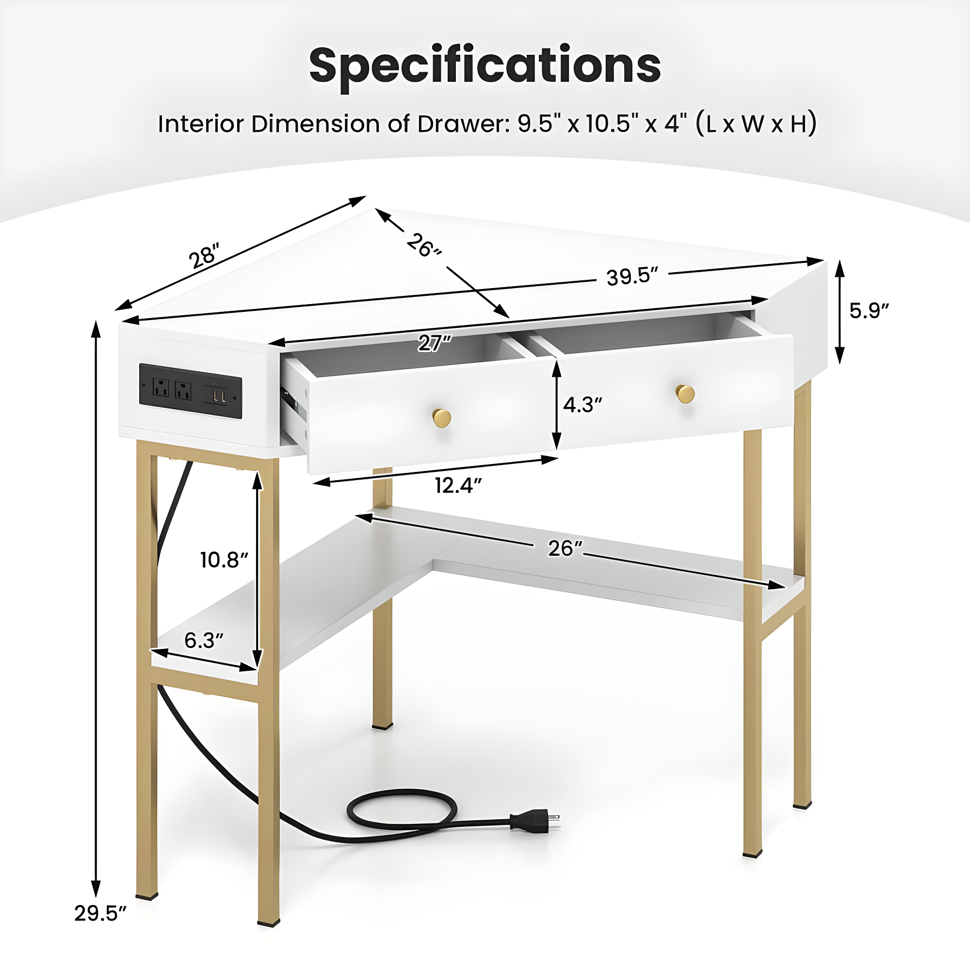 Costway Corner Desk with Built-in Charging Station Storage Drawers & Open Shelves Office White