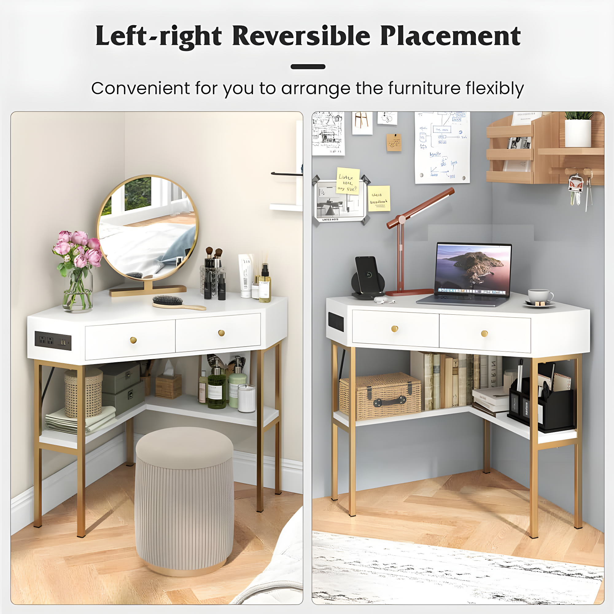 Costway Corner Desk with Built-in Charging Station Storage Drawers & Open Shelves Office White