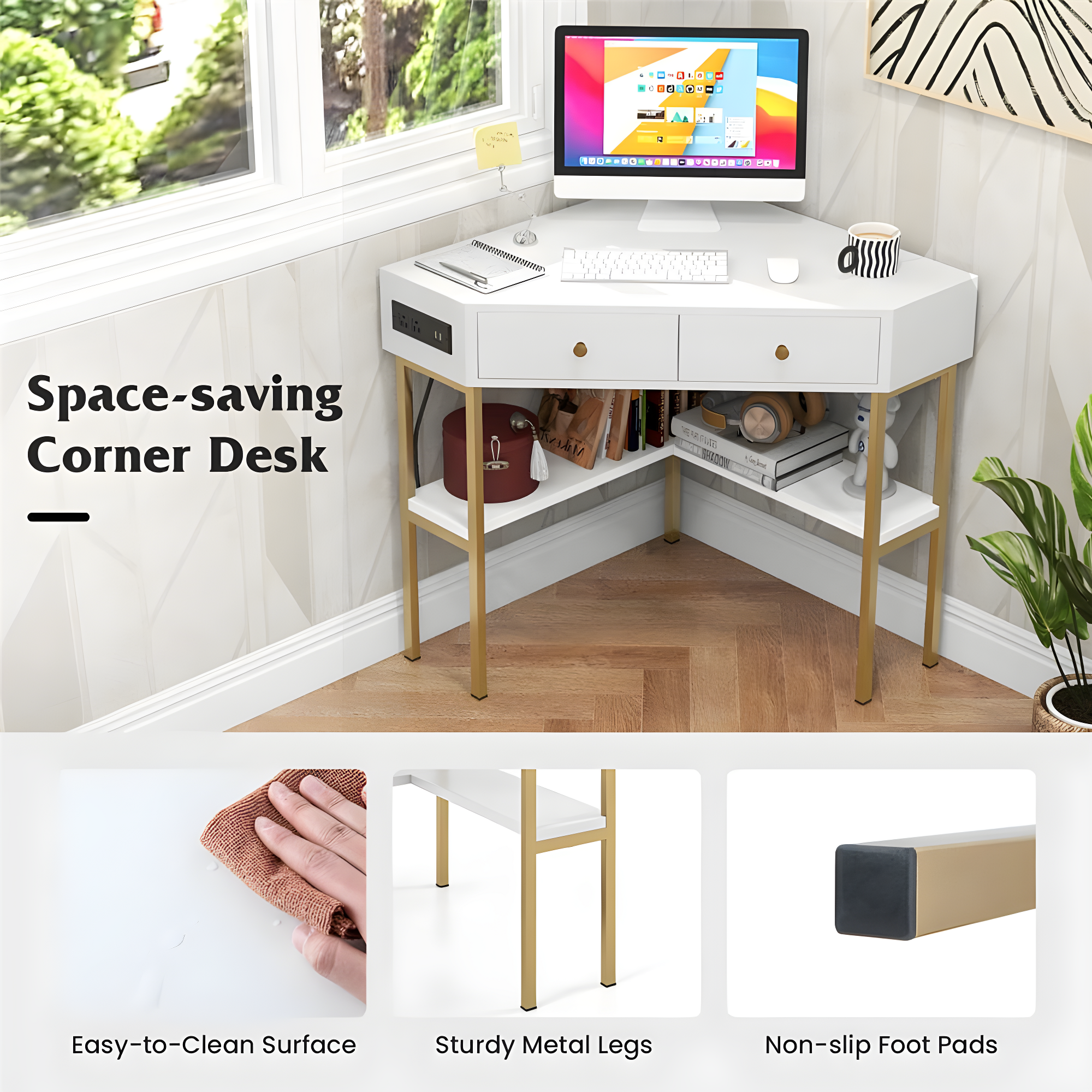Costway Corner Desk with Built-in Charging Station Storage Drawers & Open Shelves Office White