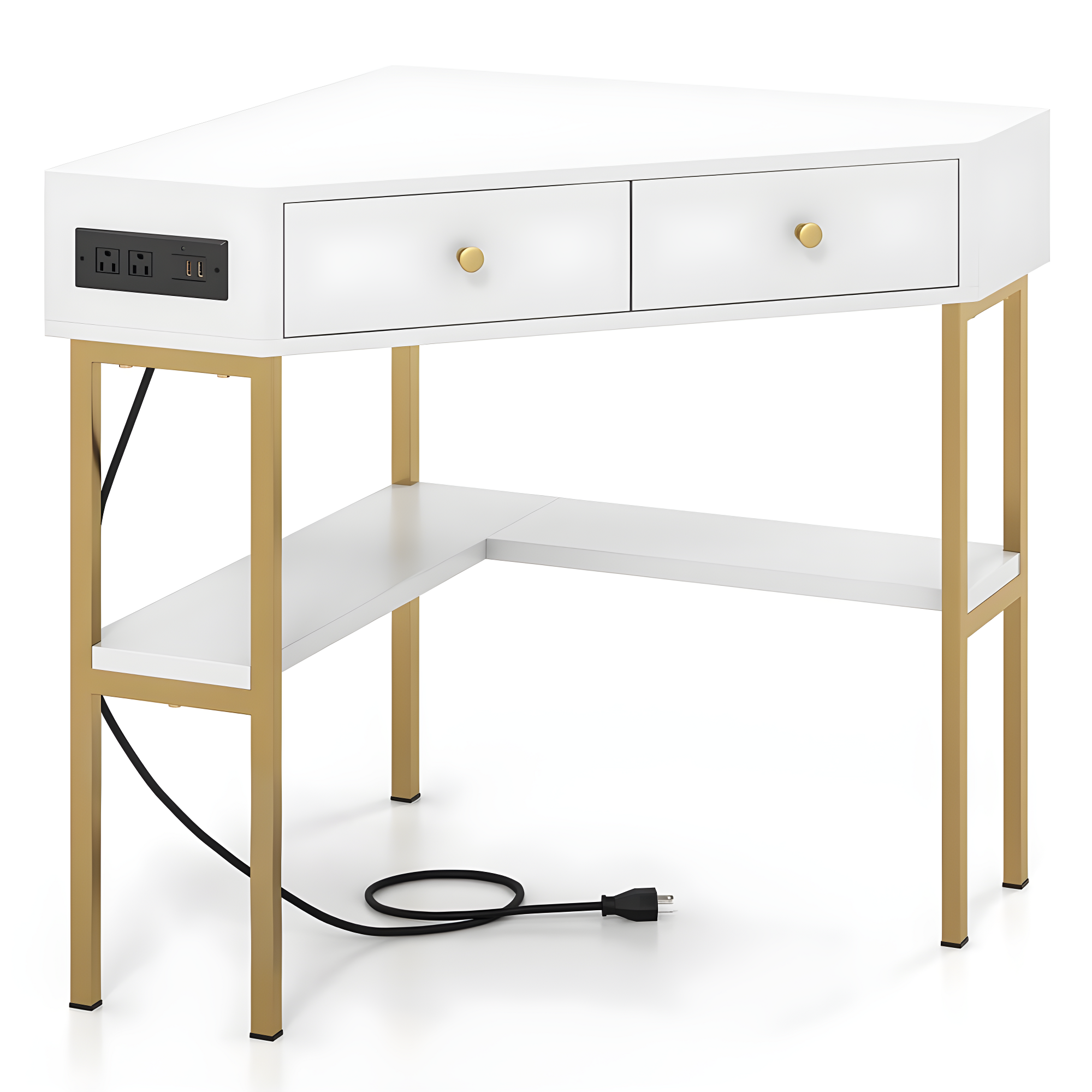 Costway Corner Desk with Built-in Charging Station Storage Drawers & Open Shelves Office White