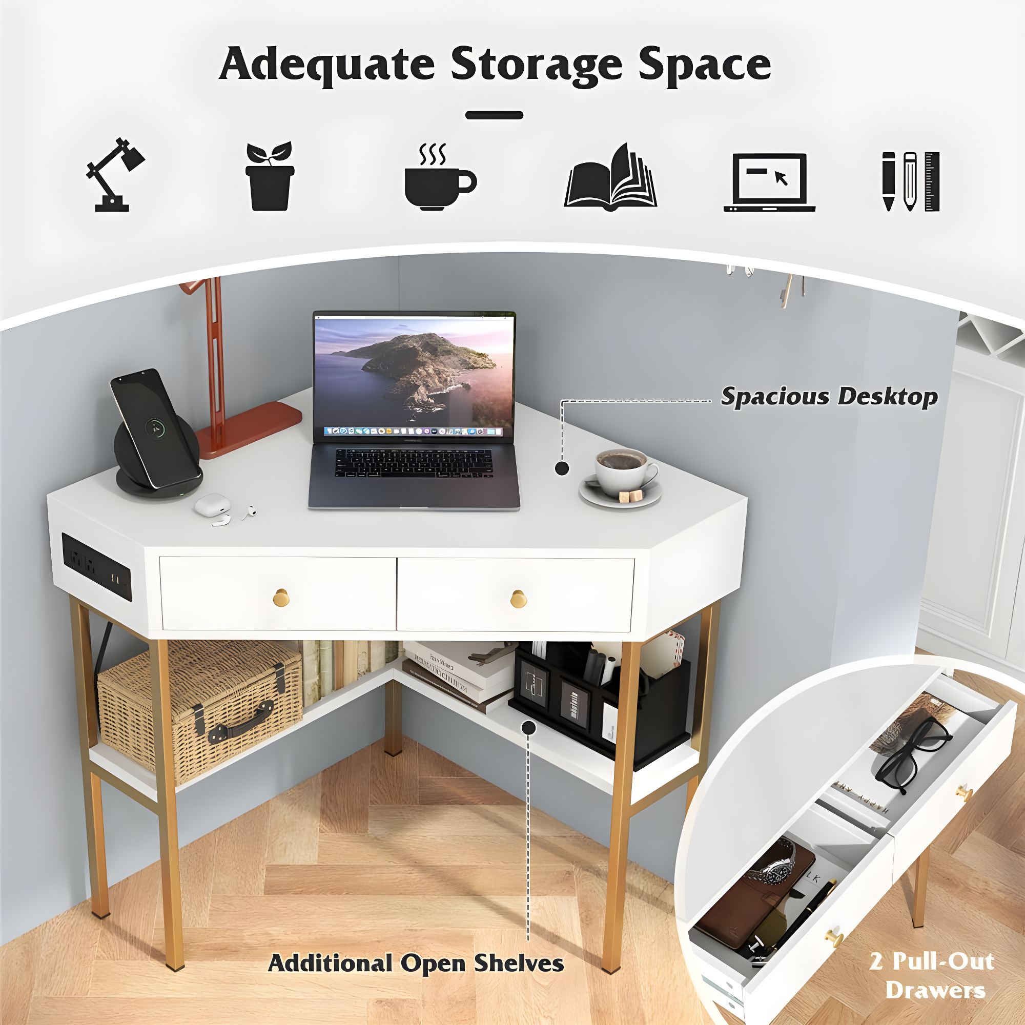 Costway Corner Desk with Built-in Charging Station Storage Drawers & Open Shelves Office White