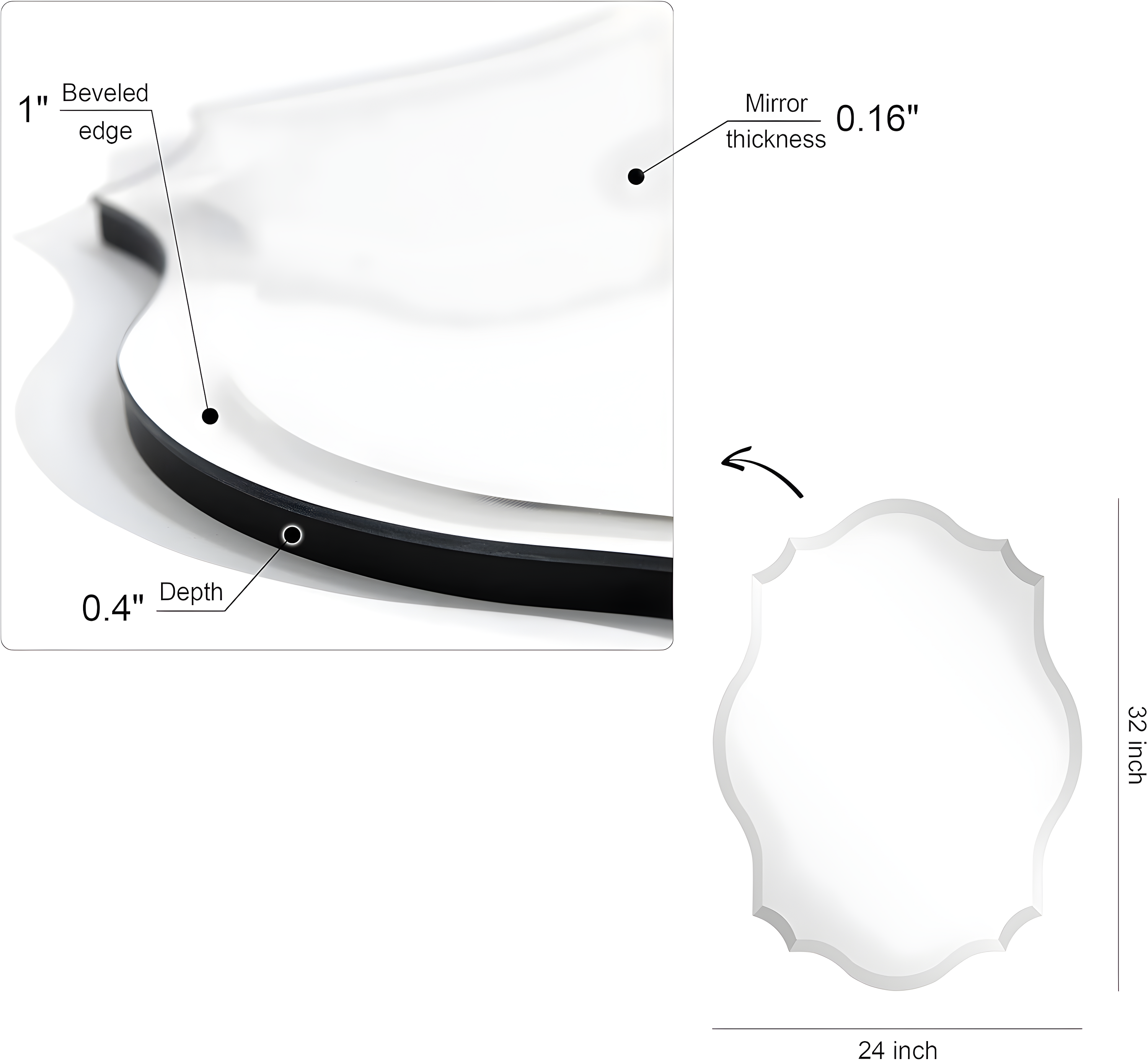 Empire Art Direct  Frameless Beveled Oblong Scalloped Wall Mirror, 24 in. x 32 in.