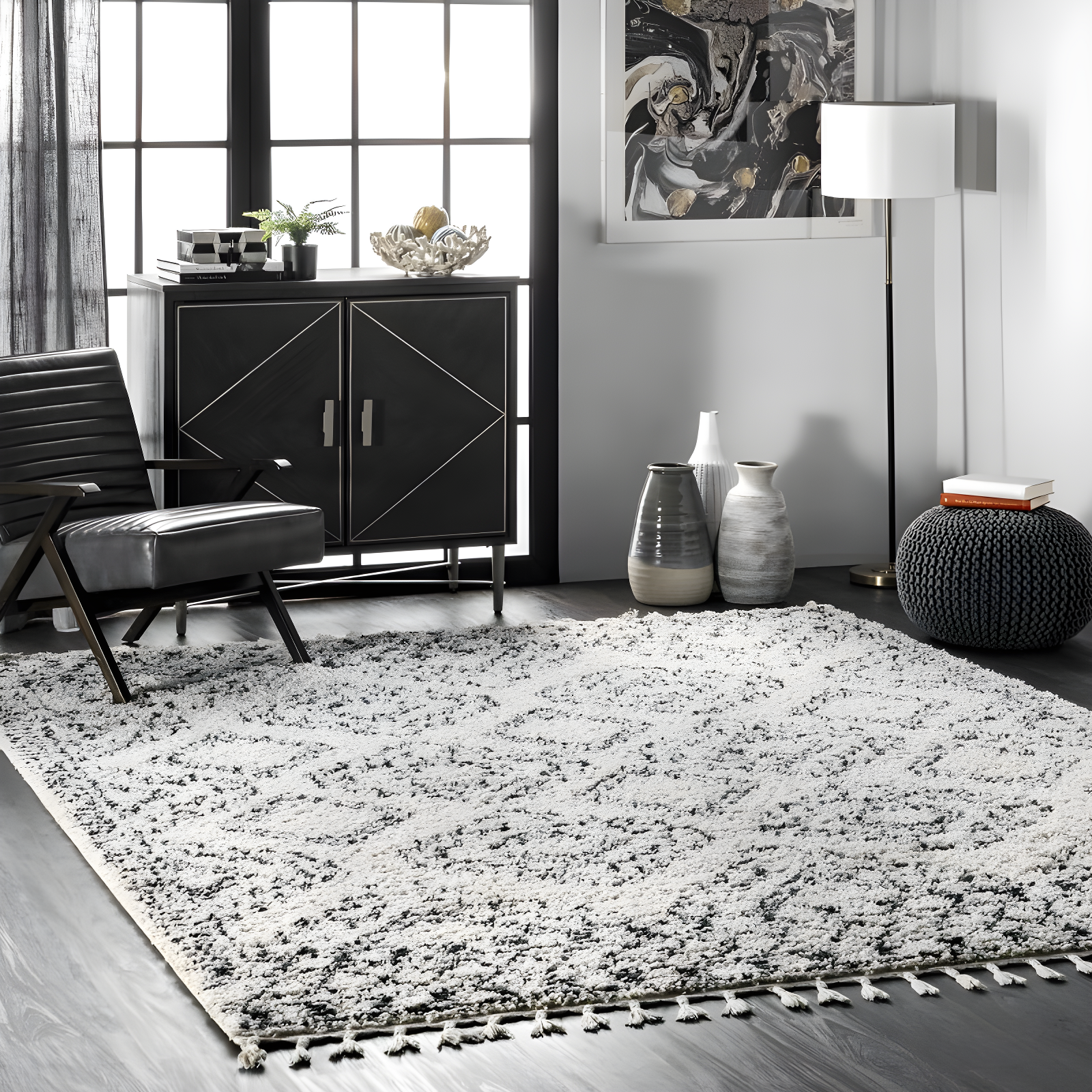 Nuloom Vasiliki Geometric 4x6 Shag Indoor Area Rug for Living Room Bedroom Dining Room Nursery, Off White/Charcoal