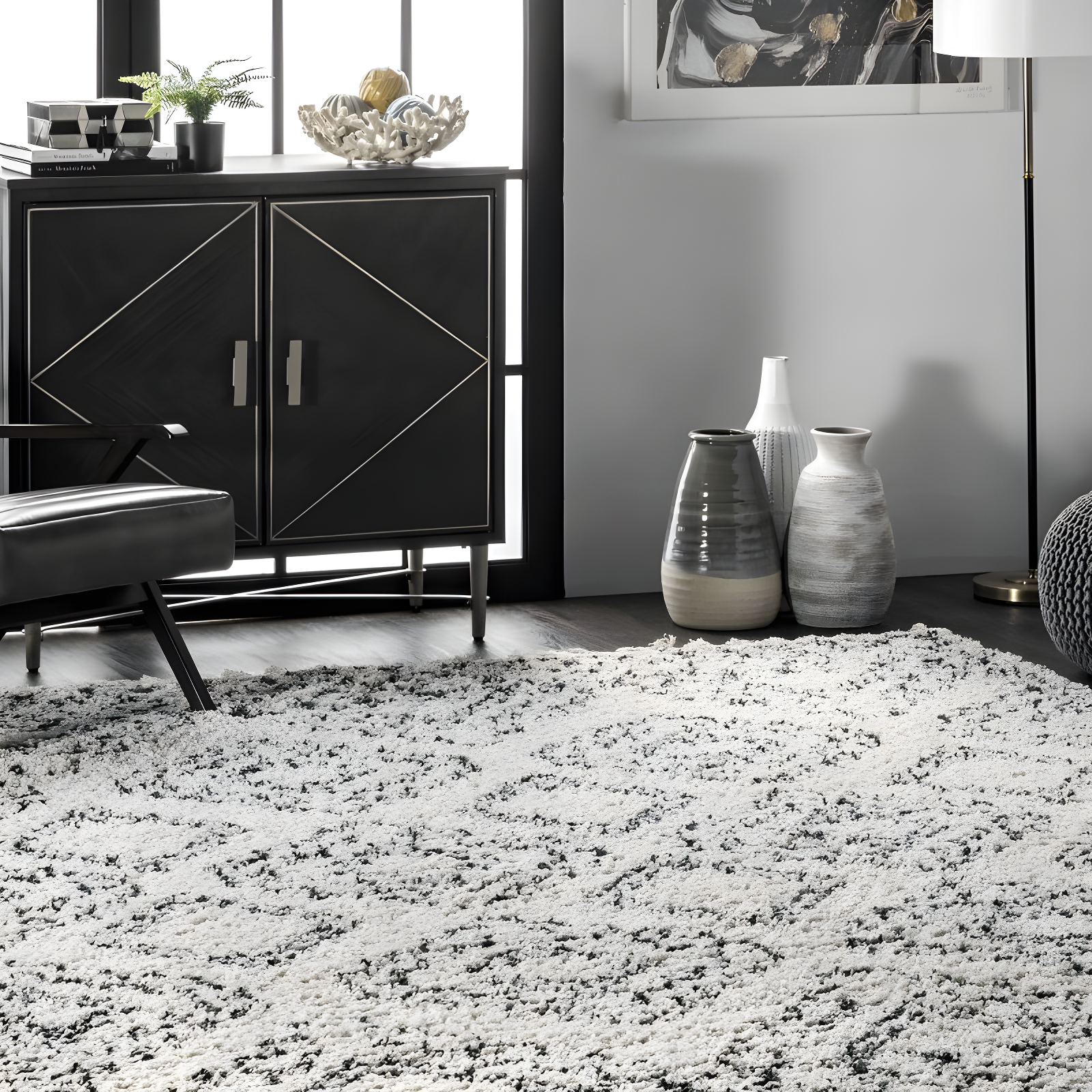 Nuloom Vasiliki Geometric 4x6 Shag Indoor Area Rug for Living Room Bedroom Dining Room Nursery, Off White/Charcoal