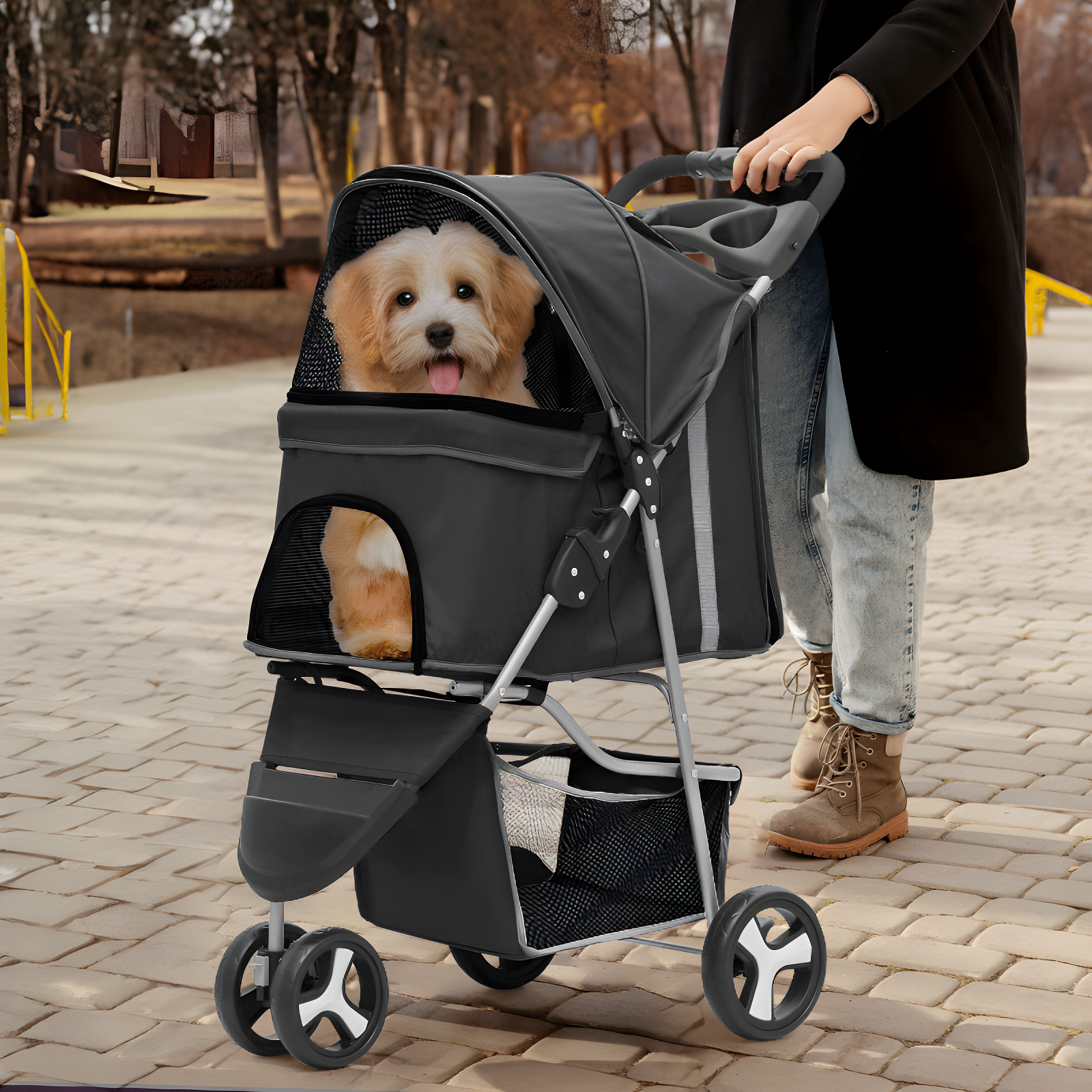 ATCHISON Foldable Pet Stroller, 3 Wheels Folding Carrier Jogger Stroller for Dogs Cats with Canopy and Basket