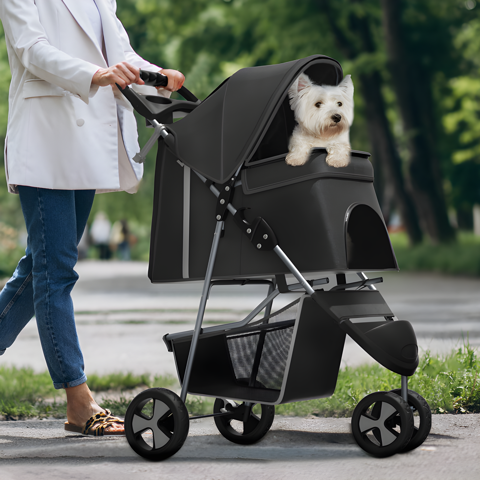 ATCHISON Foldable Pet Stroller, 3 Wheels Folding Carrier Jogger Stroller for Dogs Cats with Canopy and Basket