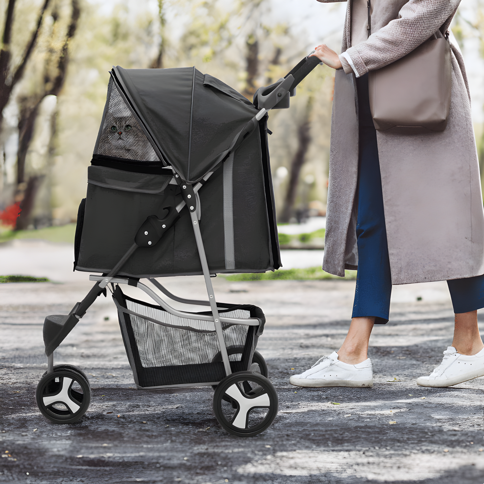 ATCHISON Foldable Pet Stroller, 3 Wheels Folding Carrier Jogger Stroller for Dogs Cats with Canopy and Basket