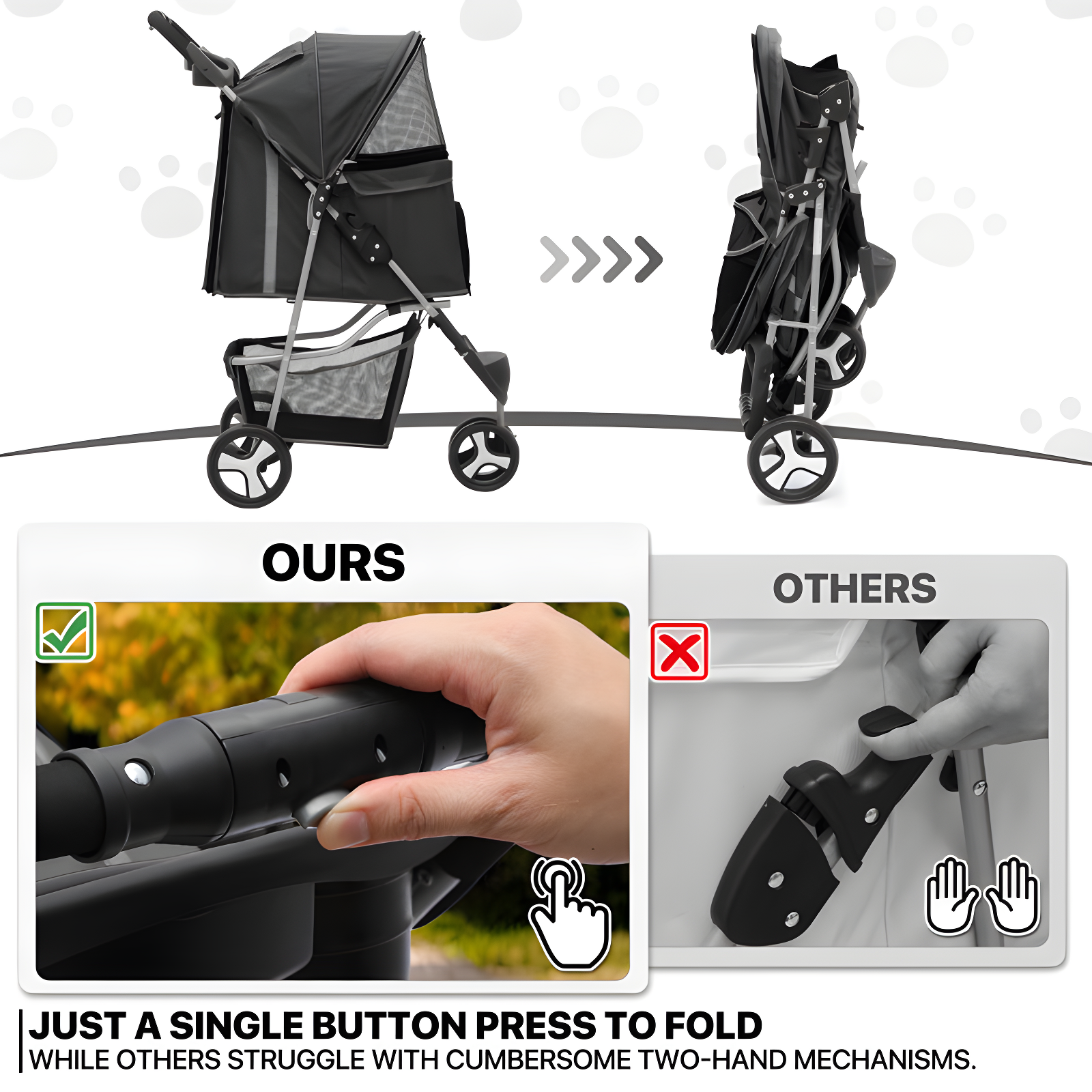 ATCHISON Foldable Pet Stroller, 3 Wheels Folding Carrier Jogger Stroller for Dogs Cats with Canopy and Basket