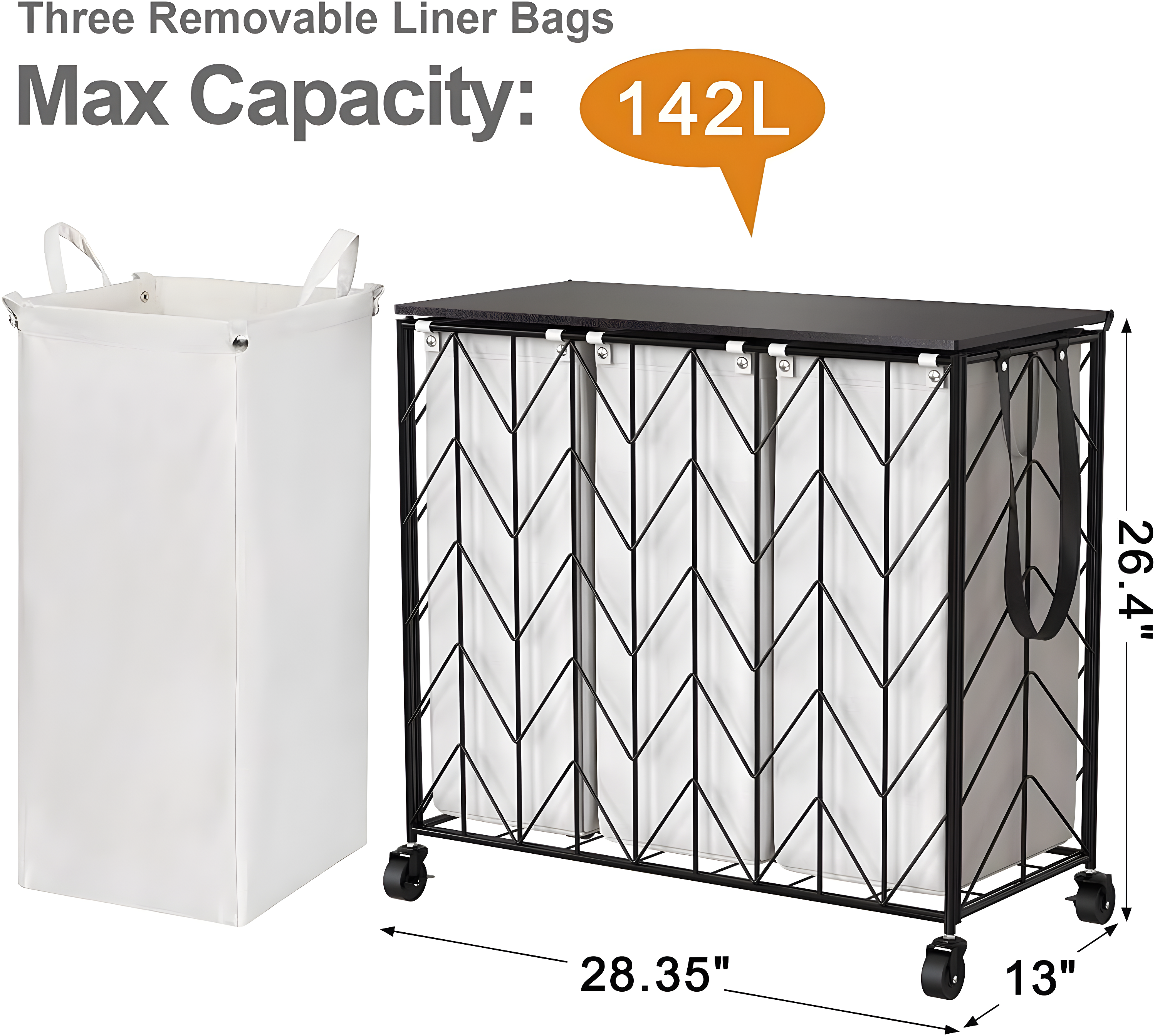 BINNBOX 142L Laundry Hamper 3 Section with Lid