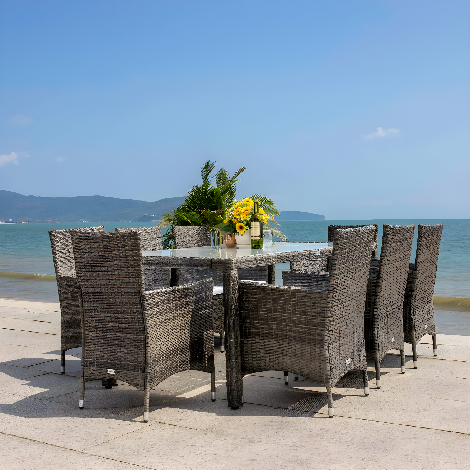 Safavieh Hailee 8 - Person Wicker Patio Dining Set with Rectangular Table , Cushions Included