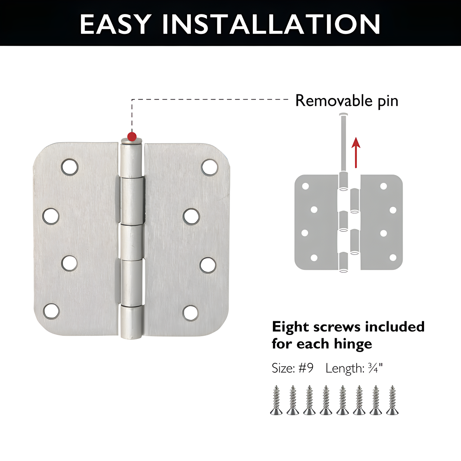 Design House Door Hinge 4-Inch, 5/8-inch Radius, 3-Pack (Set of 3)